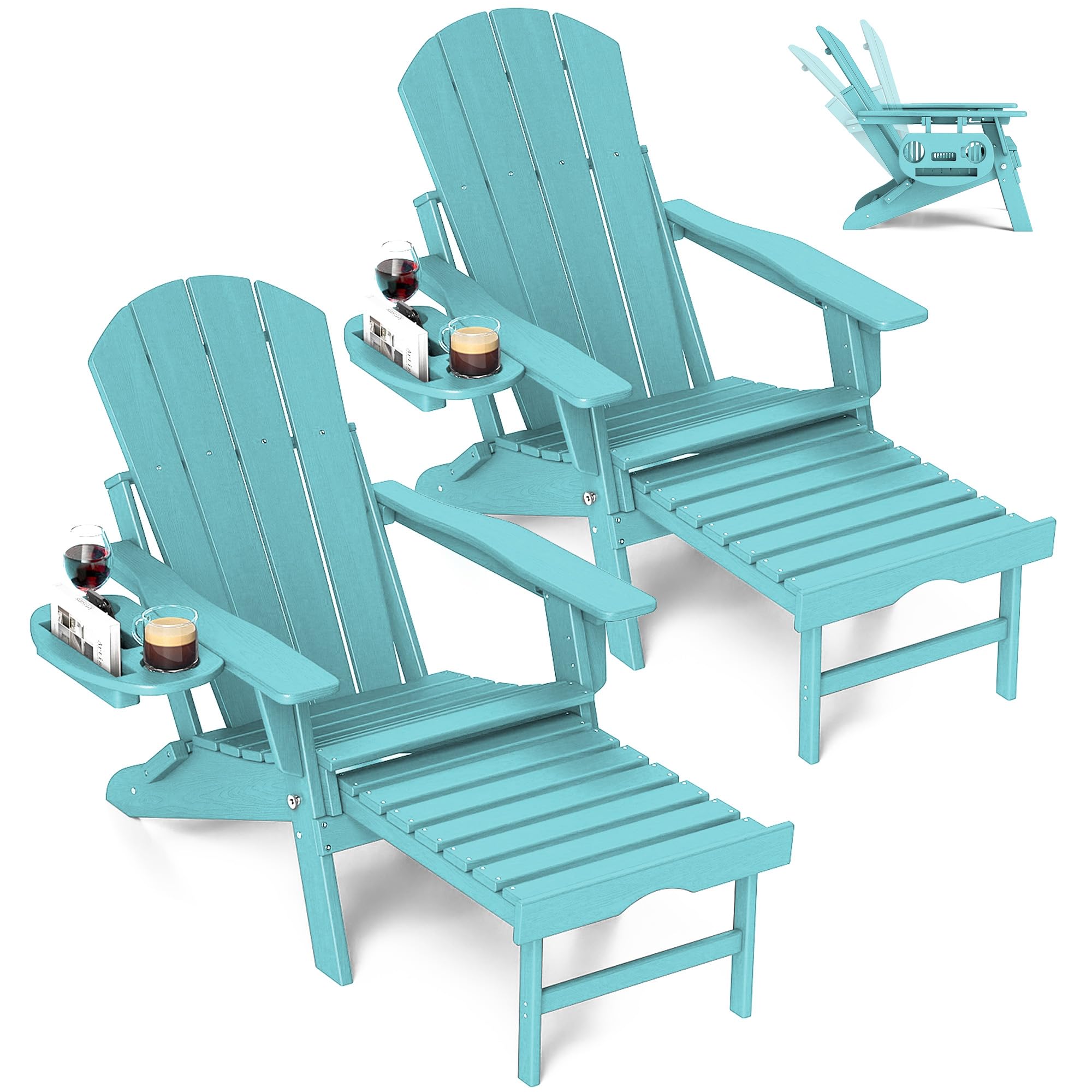 FOOWIN Adirondack Chair with Retractable Ottoman,HDPE Folding Adjustable Adirondack Chair w/4 in 1 Cup Holder Trays,All-Weather Resistant Fire Pit