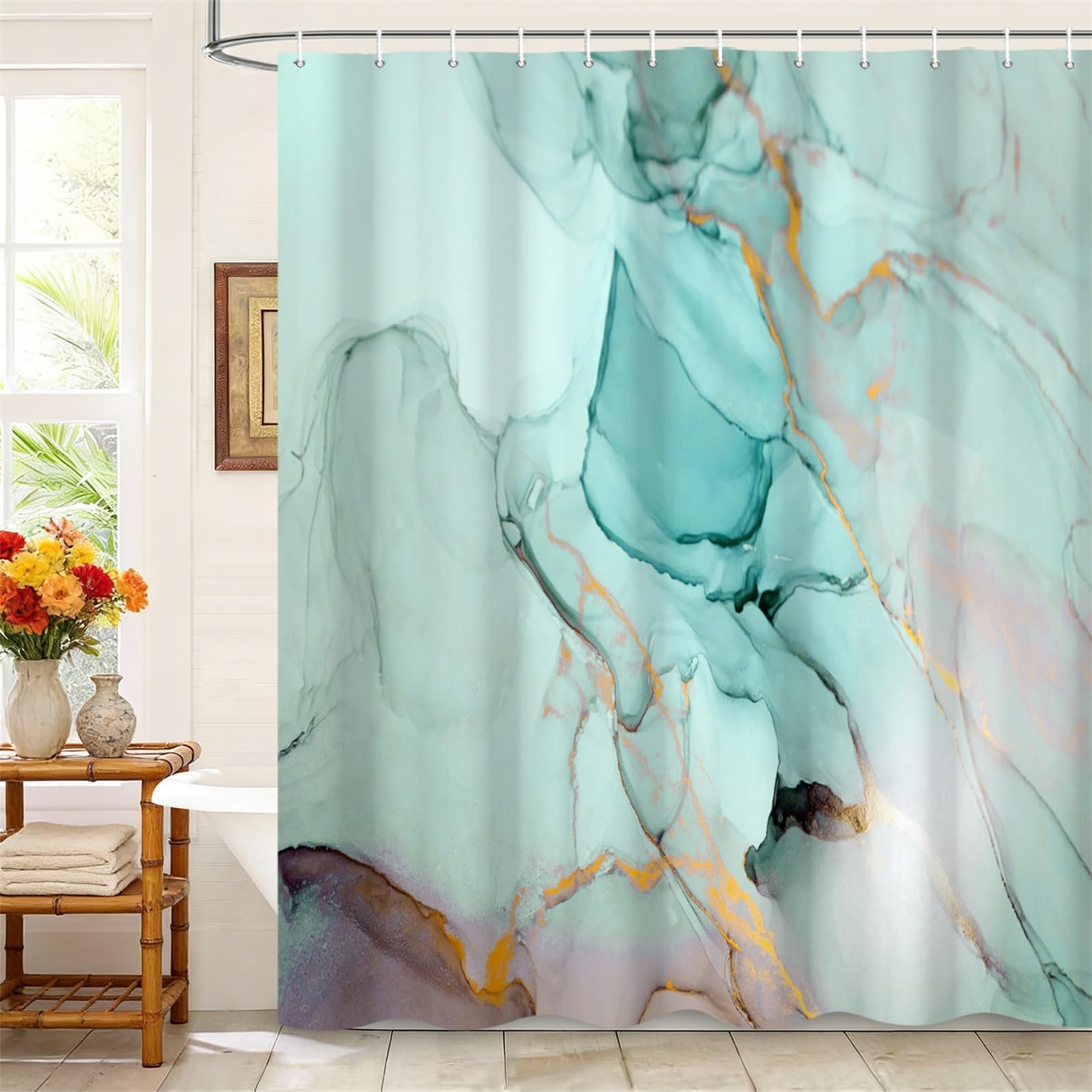 Kzzfqxb 105x160cm Shower Curtains with Plastic Hooks, Waterproof Occluded Light Green Marble Texture Golden Lines Waterflow Modern Pattern for Bath, Fresh Polyester Fabric for Bathroom Bathtub — image 1