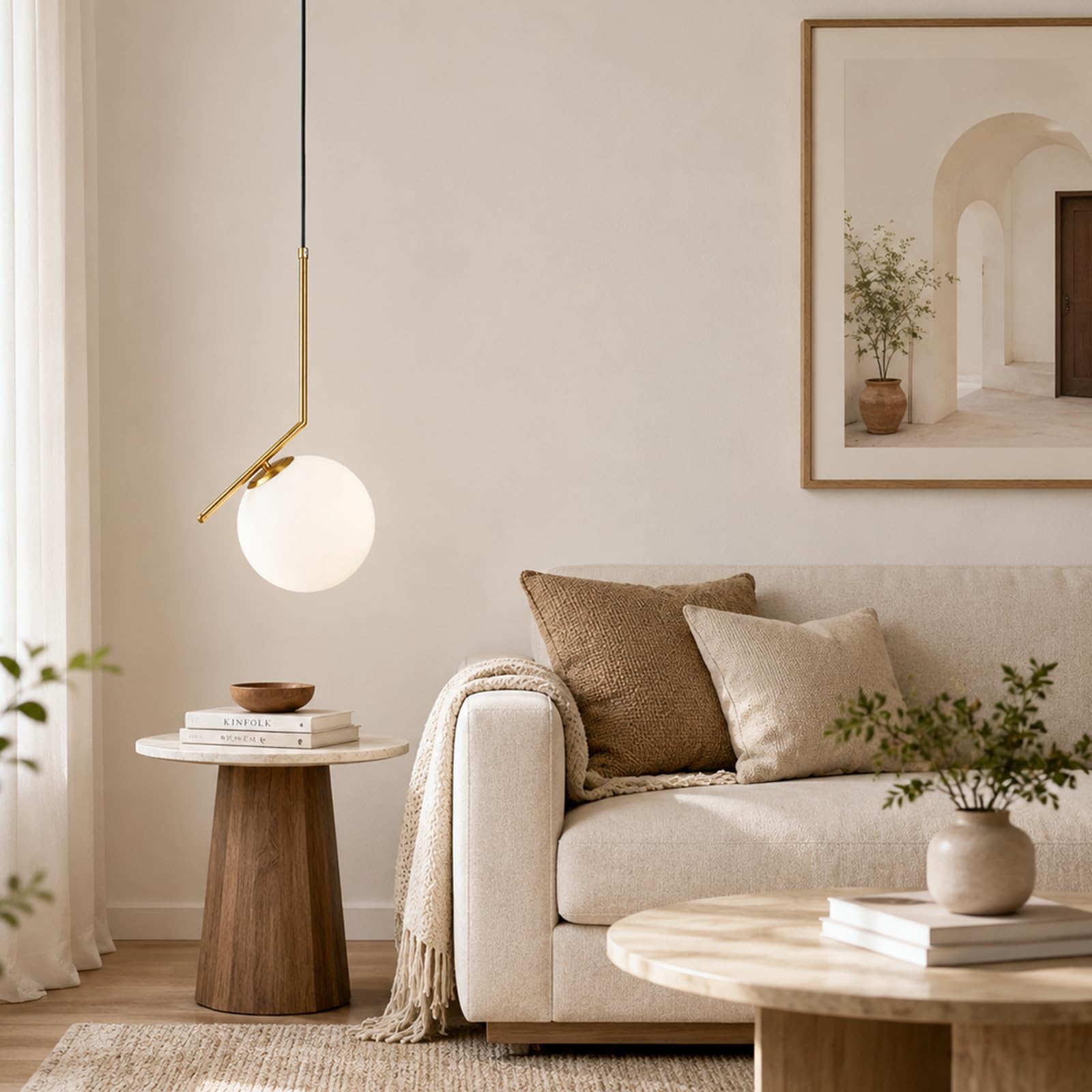 Lampada a sospensione moderna a sfera in vetro bianco, lampada da soffitto in metallo ottone, Lampadario da cucina per soggiorno e sala da pranzo (1-luce)