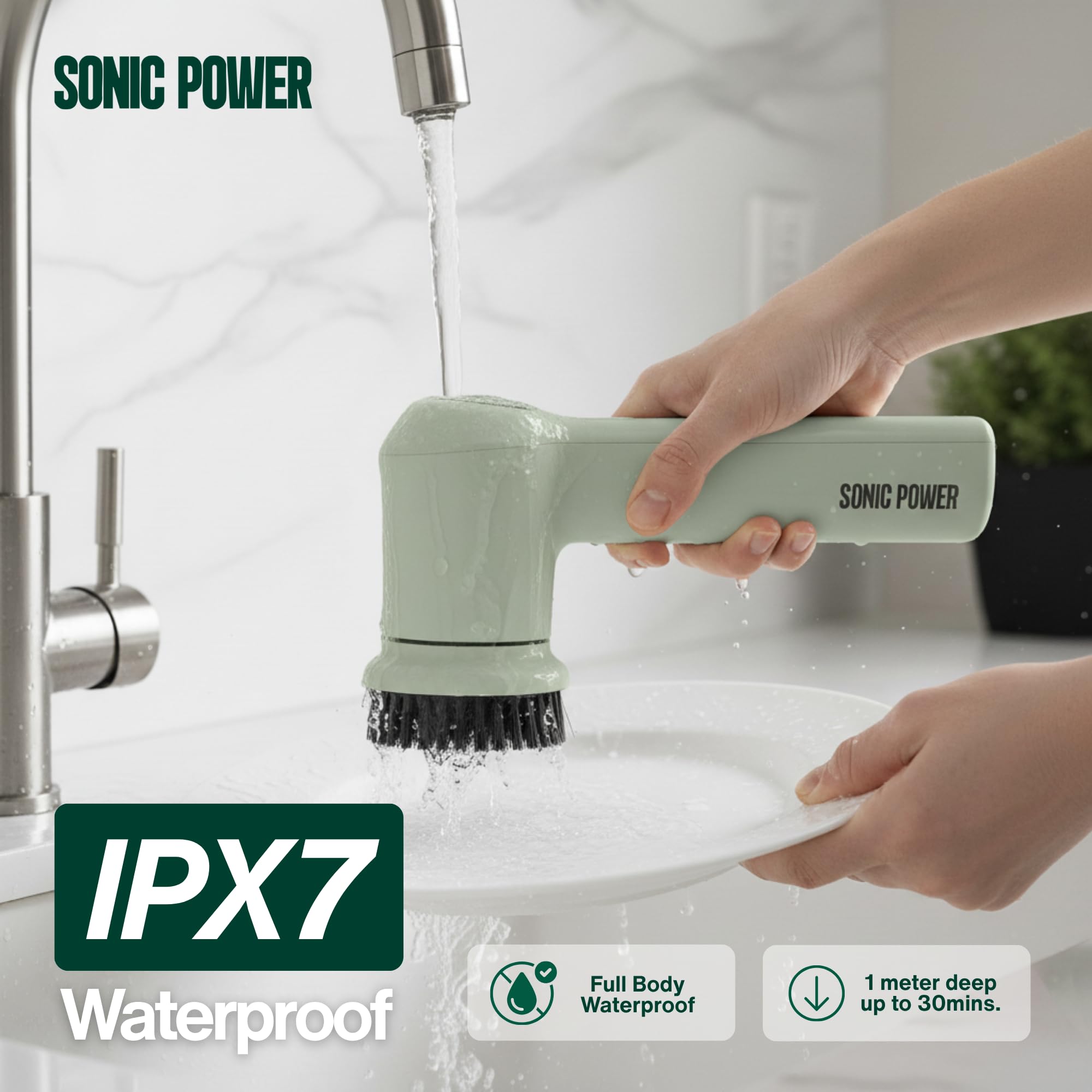 SonicPower Limpiador giratorio eléctrico, de mano y ergonómico, impermeable IPx7, 4 accesorios multiusos incluidos, batería recargable de larga duración (salvia)