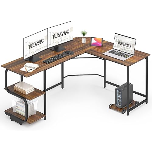 Teraves Reversible L Shaped Desk with Large Surface, 69 Inch Sturdy Corner Desk with Storage Shelves, Premium Office Computer Desk Workstation for Home Office Gaming