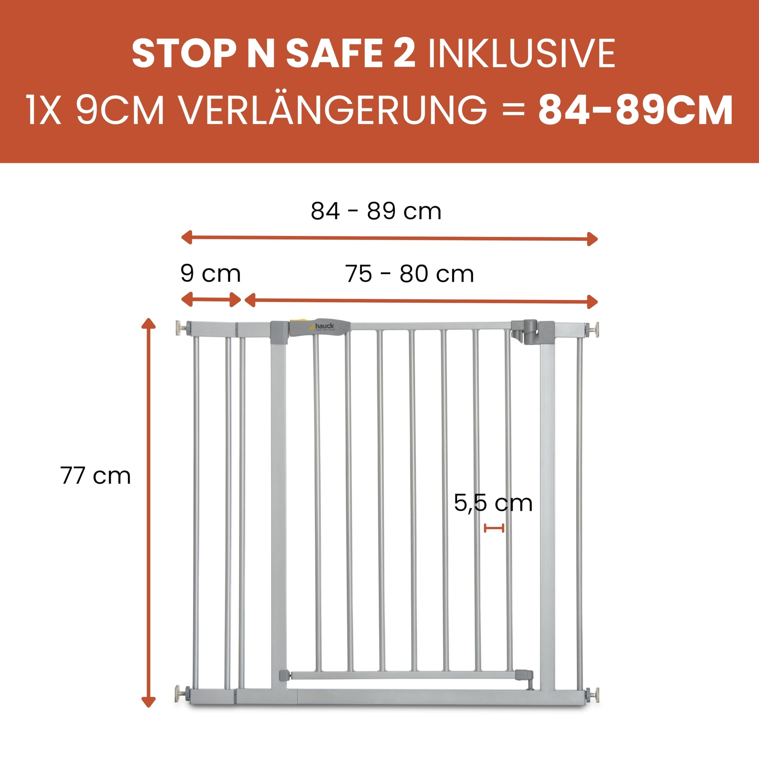 hauck Stop N Safe 2, Silber – Schutzgitter Treppe und Tür 84–89 cm – Kindersicheres Absperrgitter ohne Bohren – Manuelle 1 Hand Öffnung – nur für Innen - Auch für Hunde