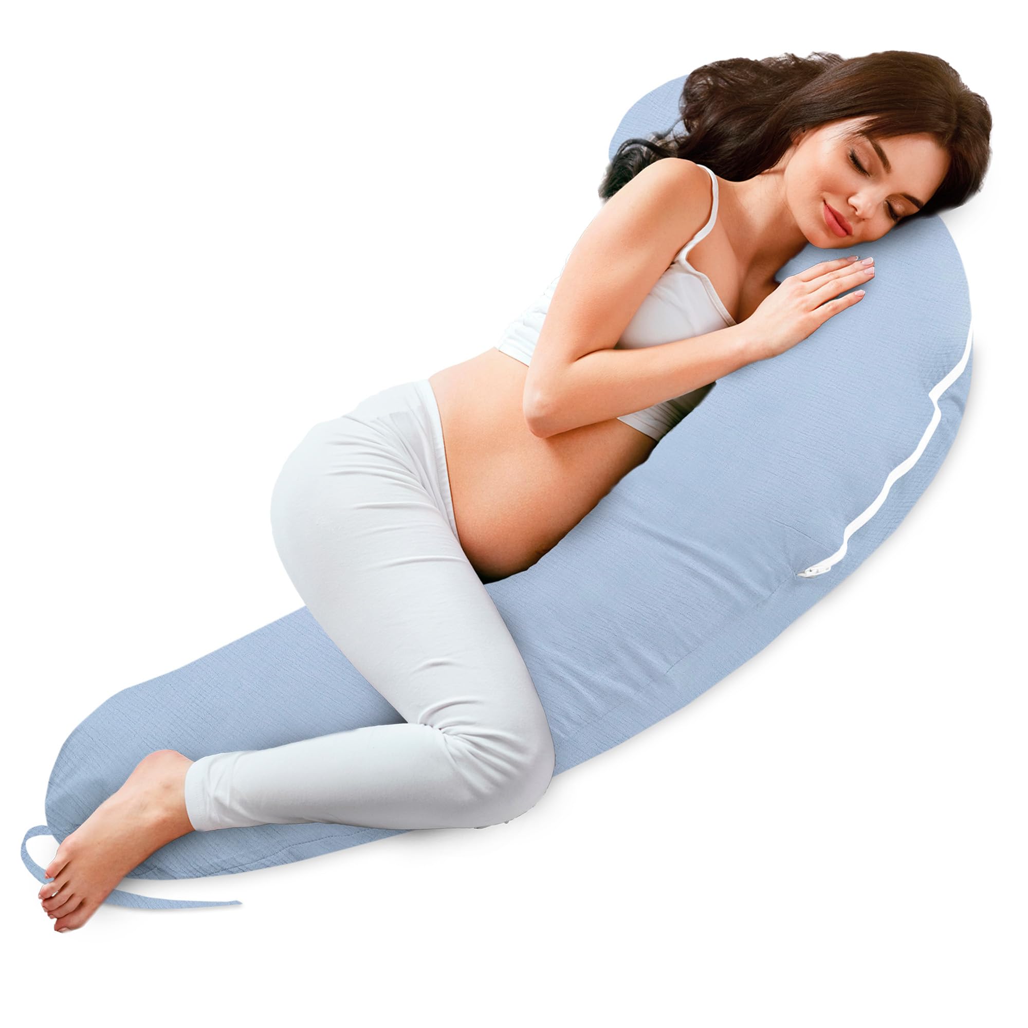 Cuscino allattamento e gravidanza Mussola 140cm – Guanciale laterale corpo per dormire sul fianco Supporto perfetto per il riposo e il relax Ideale per maternità e futuro mamme Forma a C Oeko-Tex