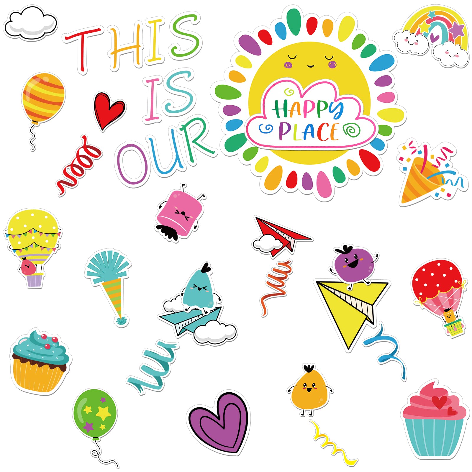 Photo 1 of *BUNDLE OF 2** 92 Pcs Happy Bulletin Board Set, Rainbow Classroom Decorations with Heart Paper Airplane Cupcake Bulletin Board Cutouts for Wall, School Colorful Classroom Decor