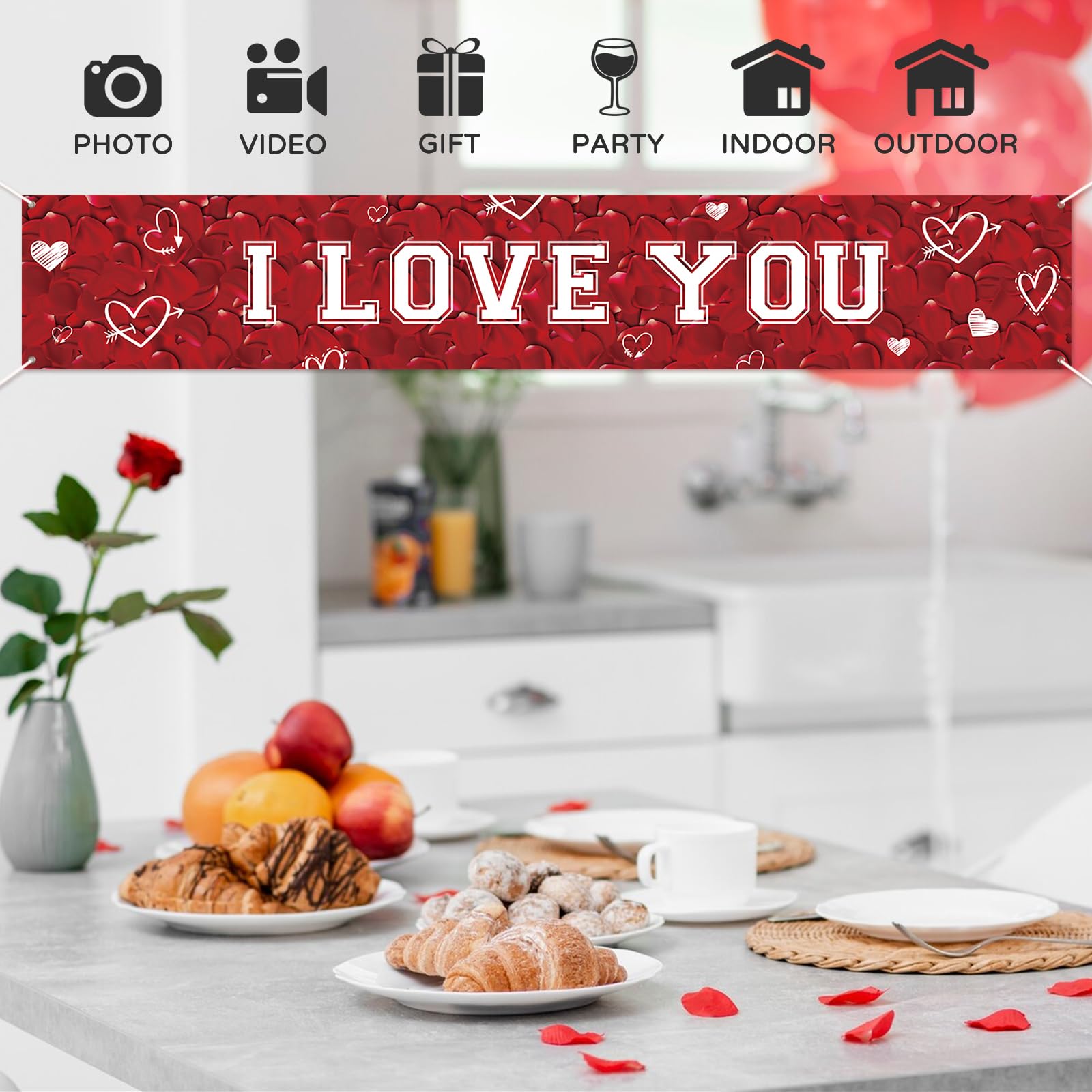 Koliphy I LOVE YOU Banner, Valentine's Day Decorations, Rose I LOVE YOU Banner for Confession of Love Valentine, Wedding - Image 4
