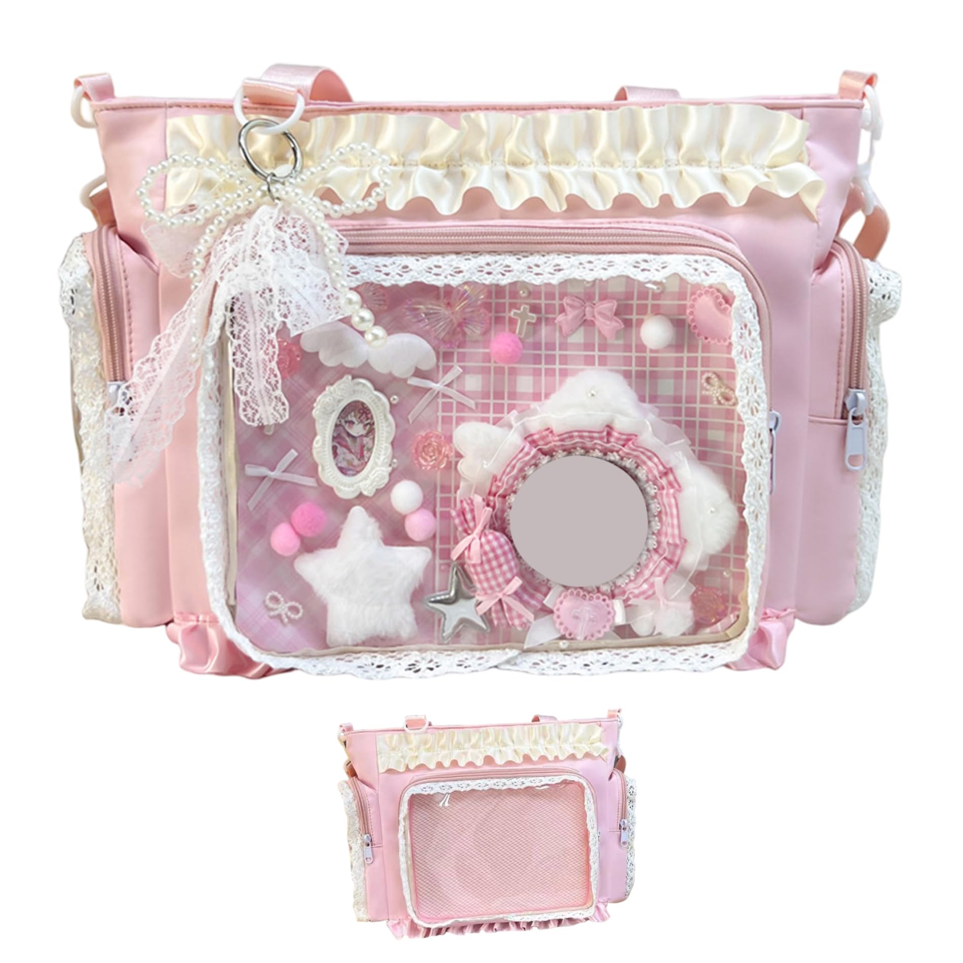 Ameble Ita Bag Kawaii Lace Ruffle Nylon Japanese Pin Bag with Side & Front Clear Display Adjustable Straps Y2k Cute Messenger Handbag for Girls Style 1 Ita, Crossbody, Pin, Japanese Scho