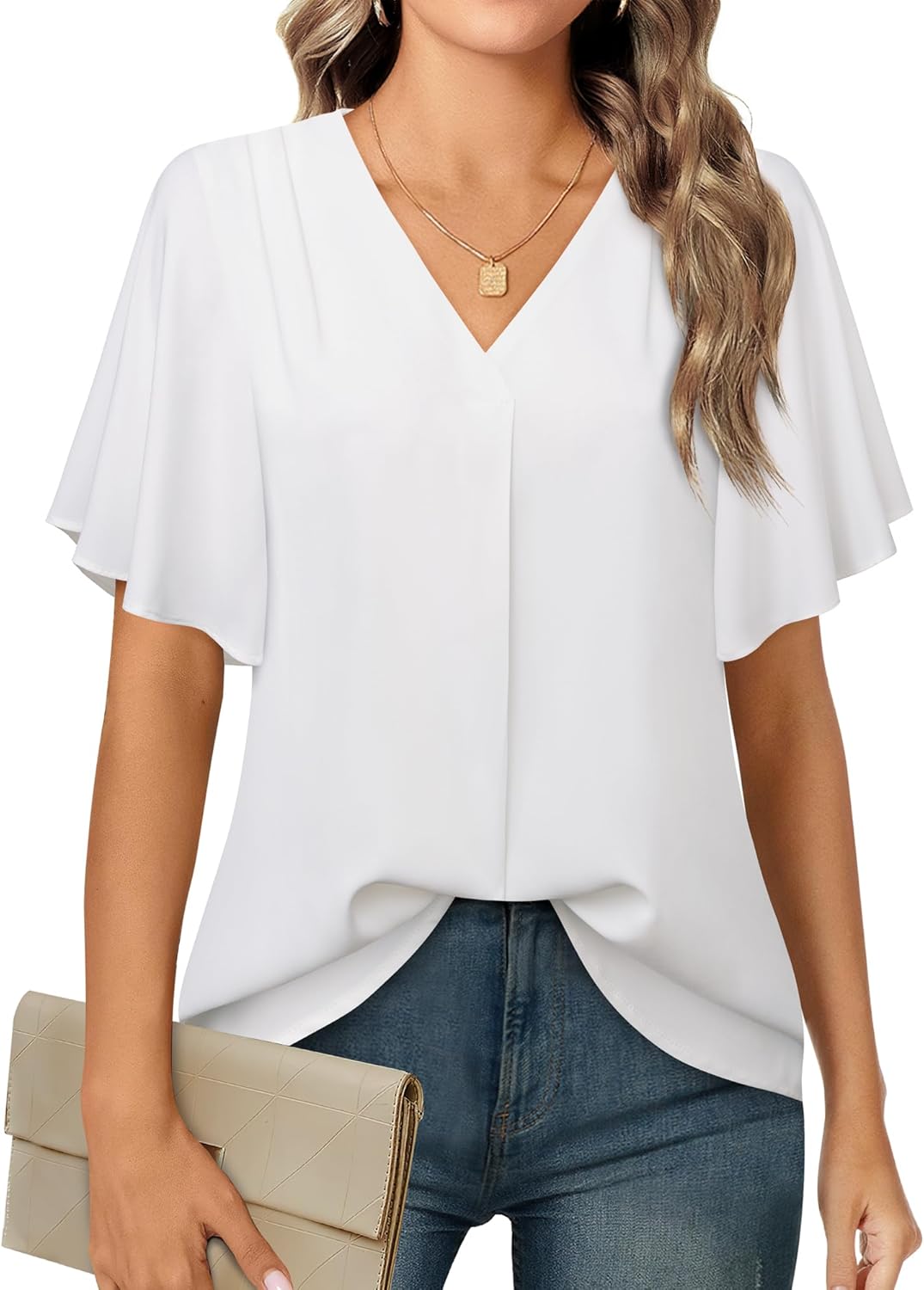 Timeson Women's V Neck Chiffon Blouse Ruffle Sleeve Ladies Work Shirts