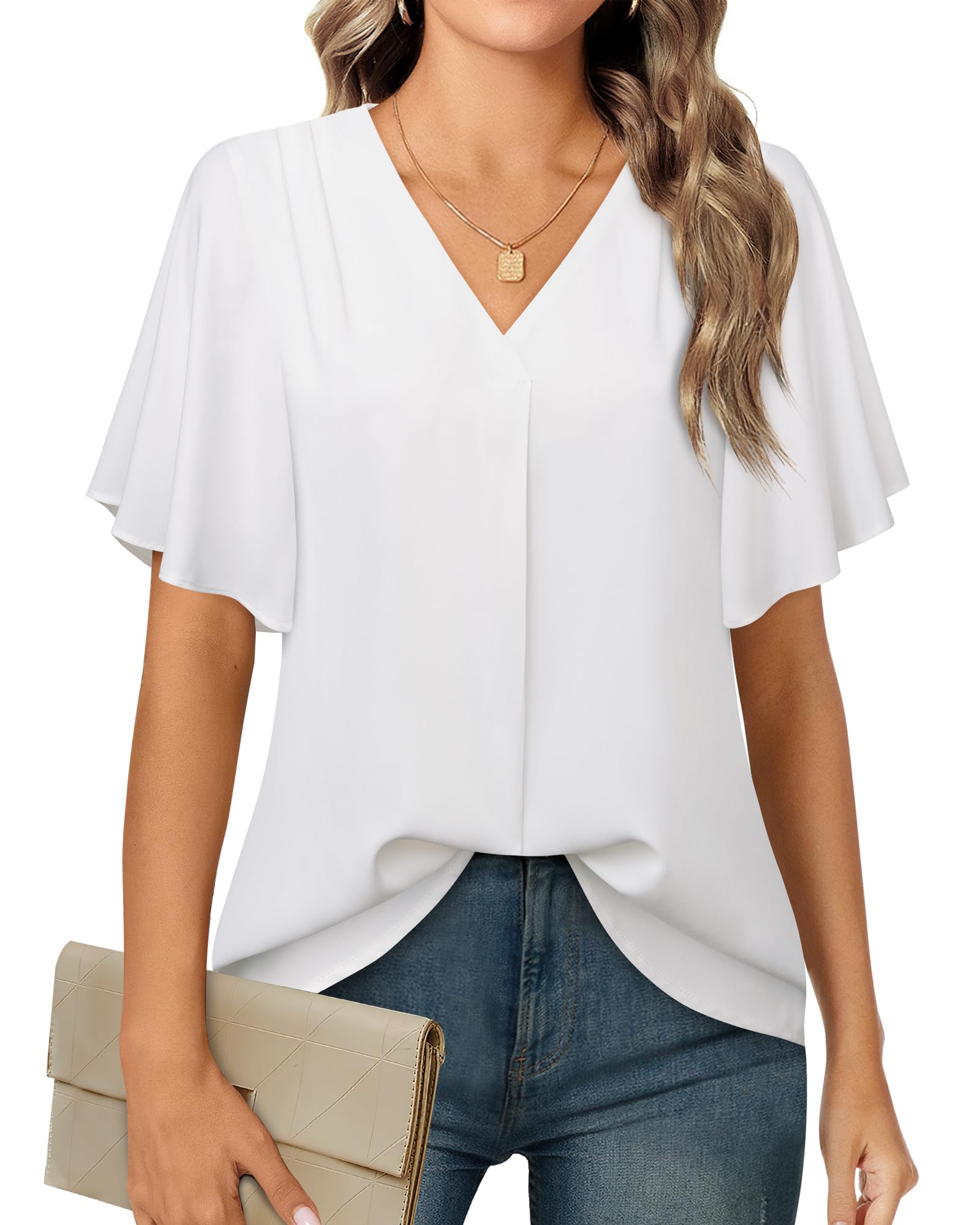 Timeson Women's V Neck Chiffon Blouse Ruffle Sleeve Ladies Work Shirts