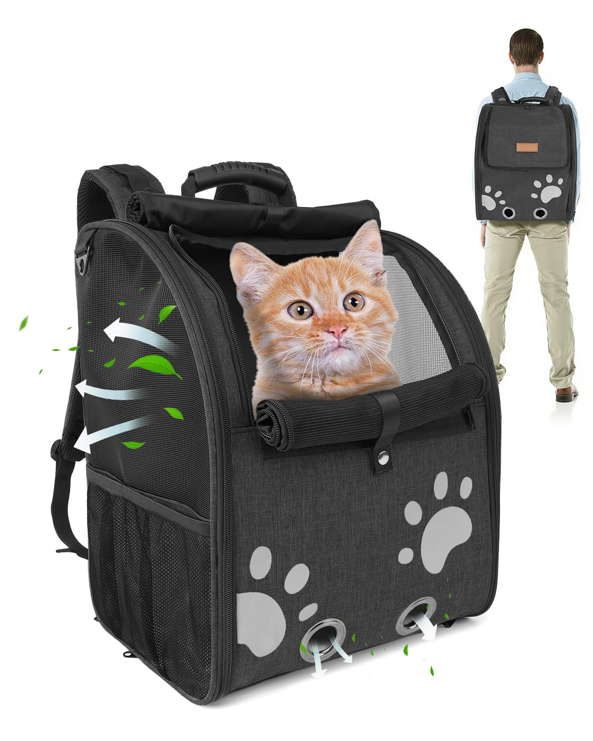 MOYSOON Pet Carrier Backpack for Cats & Dogs up to 33lbs, Super Ventilated Design, Built-in Anti-Escape Leash,Lightweight Travel Bag for Hiking, Camping, Outdoor Adventures (13.6x10.8x16.8 Inch,Black)