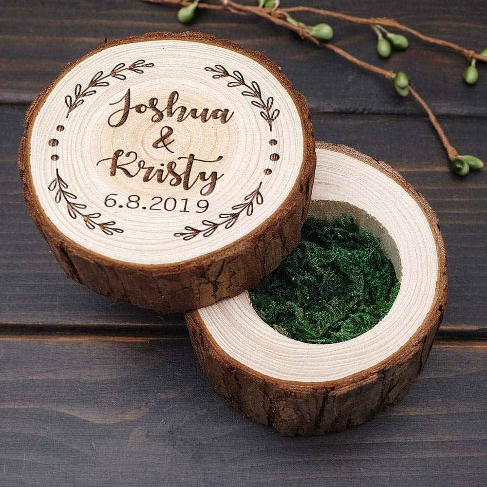 mylifemylove Personalized Wedding Ring Box, Custom Ring Bearer Box, Wooden Ring Holder, Rustic Wedding Decor Customized Names&Date