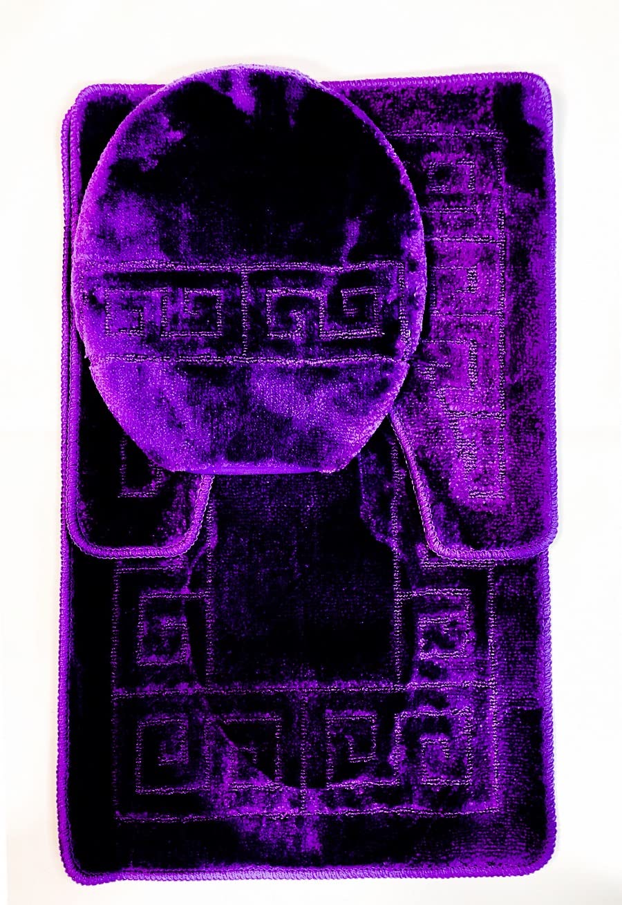 WPM WORLD PRODUCTS MART Bathroom Rugs Sets 3 Piece Bath Pattern Rug Set (20"x32")/Large Contour Mats (20"x20") with Lid Cover (Purple)
