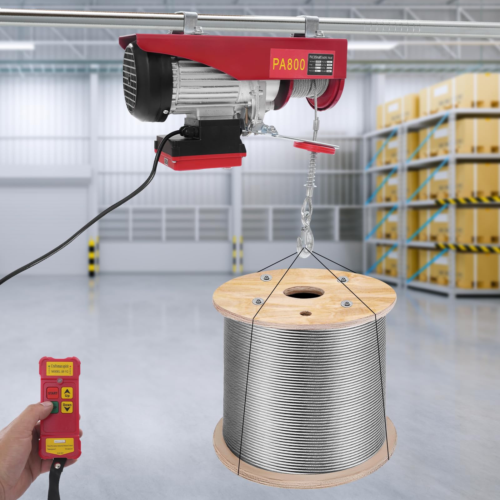 Elektrische Seilwinde 800kg Seilzug Motorwinde 1450W Seilhebezug Hebezug 10m/min Flaschenzug Kettenzug mit 2 Hosenträger und Drahtlose Fernbedienung