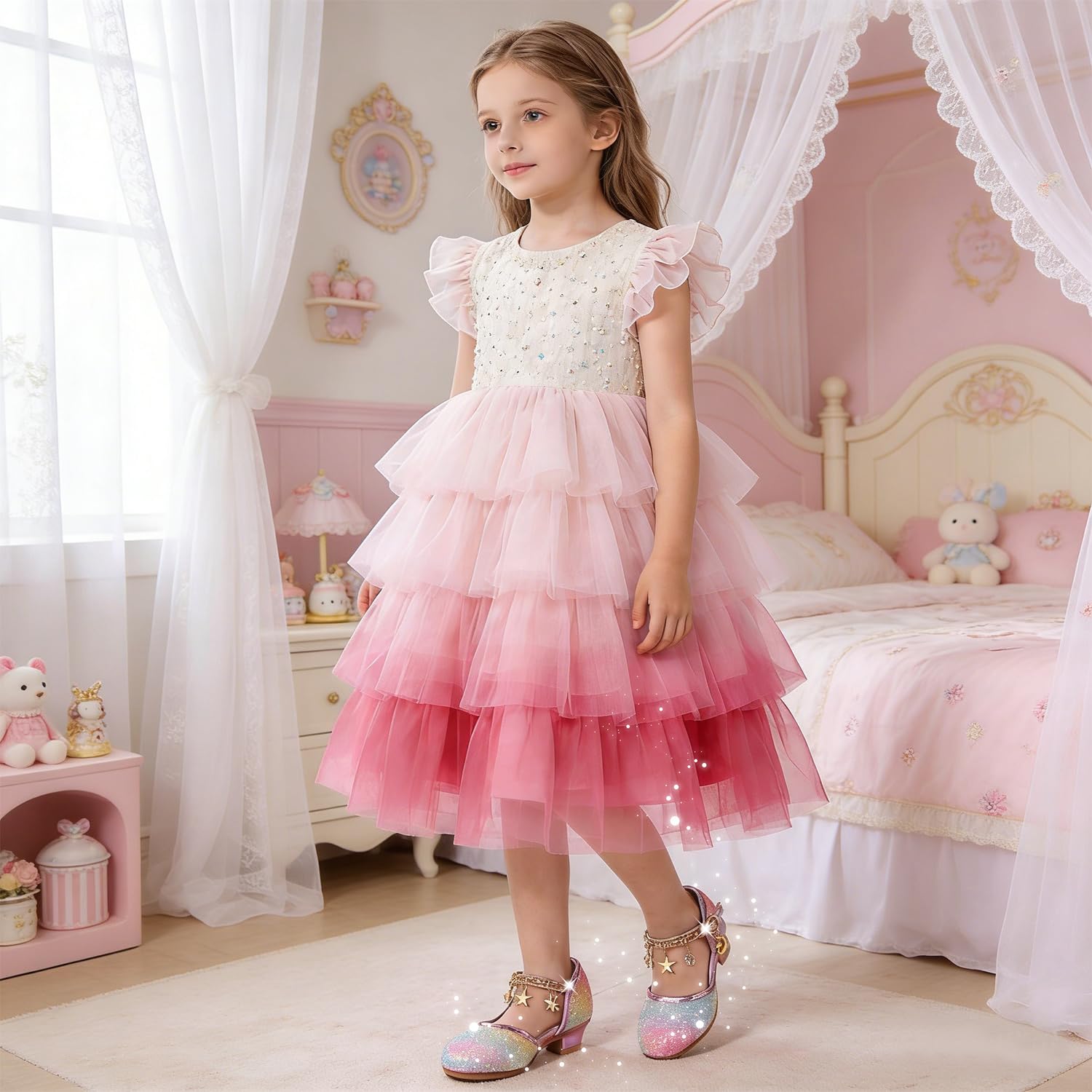 Chaussure Princesse Fille Paillettes Déguisement Talon Haut Cosplay Mariage Noël Anniversaire Cérémonie Fête Danseuses Ballerines Sandale Crystal Bling - 3