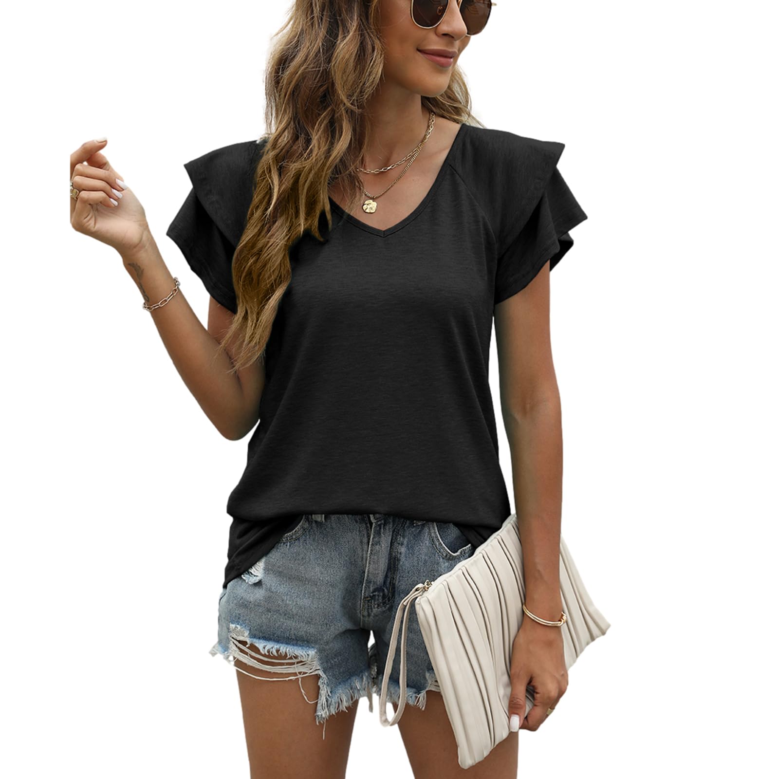 T Shirt Donna Estive con Scollo a V e Balze Manica Corta Magliette Donna Elegante Rilassato Bluse e Camicie da Donna