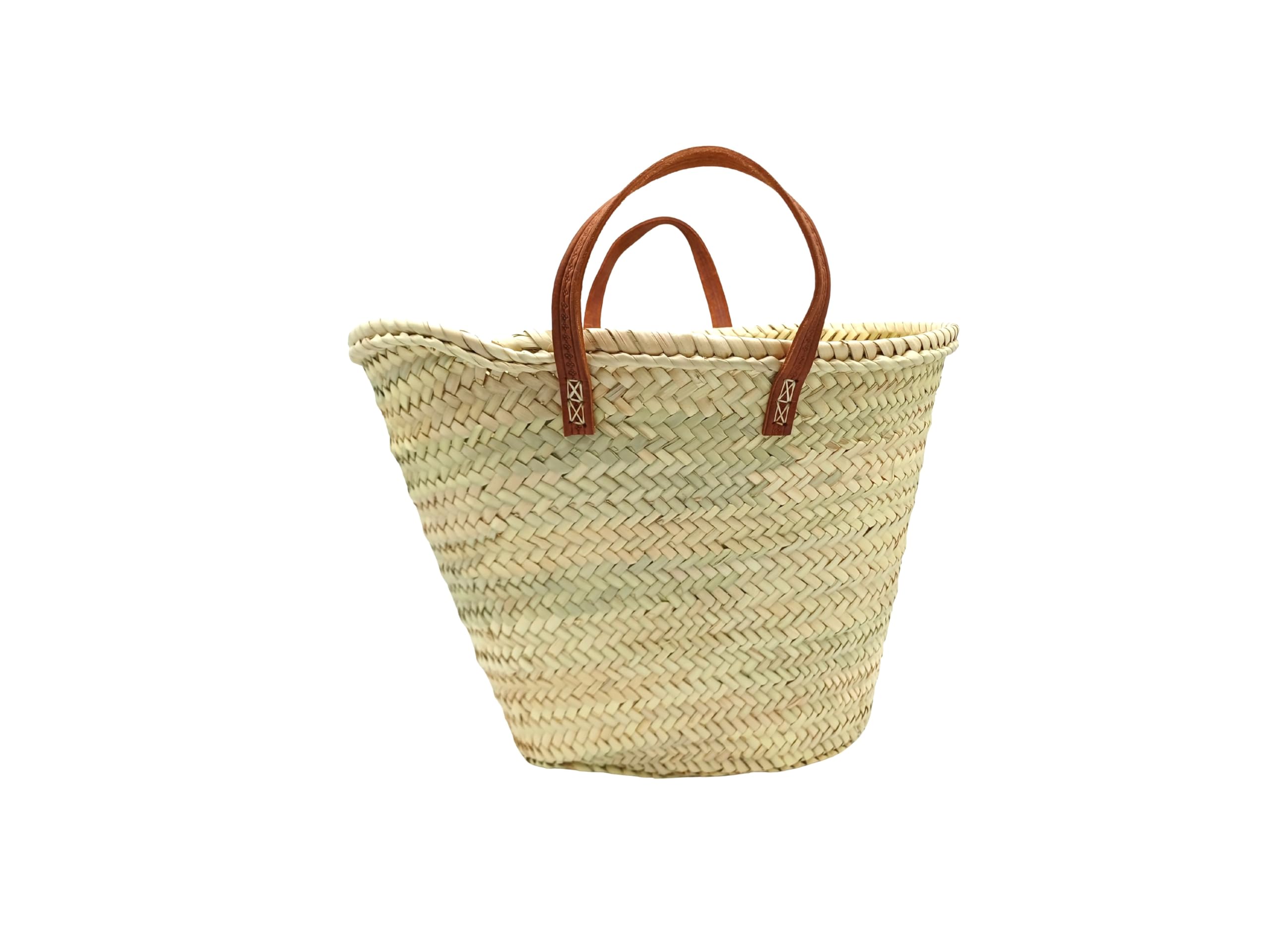 Capazo de Palma Natural con Asas de Cuero, 50x30x20cm, Beige y Marrón, Hecho a Mano en Marruecos