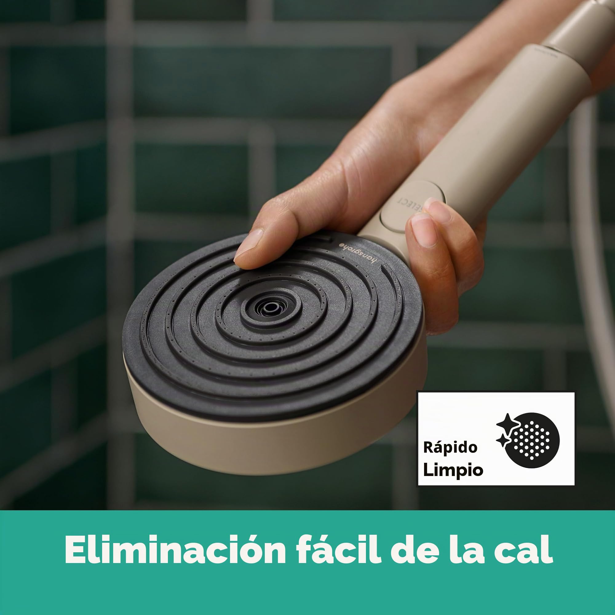 hansgrohe Pulsify Planet Edition - ducha de mano ahorro de agua 5,7 l/min (EcoSmart+), alcachofa de ducha con 3 tipos de chorro (Relaxation), cabezal de ducha redondo (⌀ 105mm), arena, 26077210