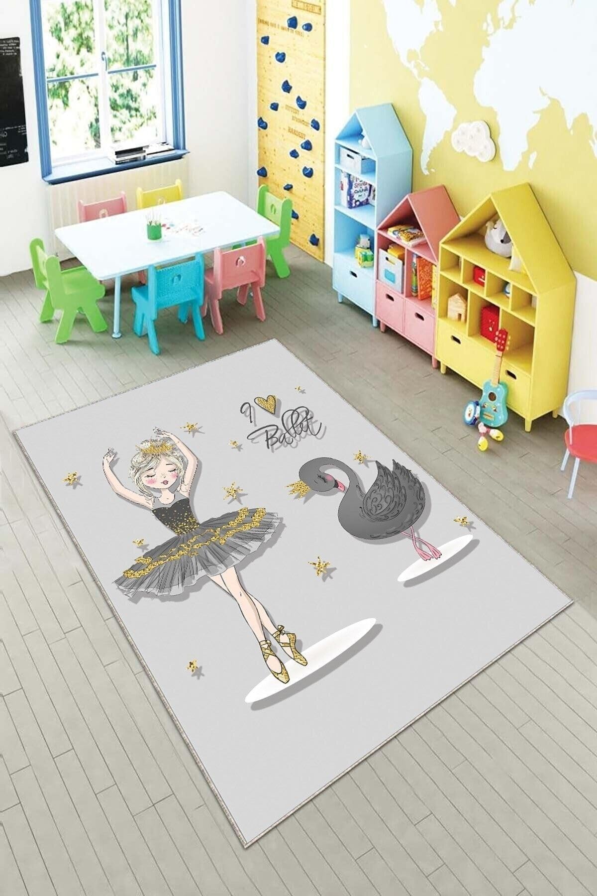 Pelangi Gri Balerin Ve Kuğu Desenli Yıkanabilir Kaymaz Taban Leke Tutmazbebek Ve Çocuk Odası Halısı, Gri-Gold 160 x 230