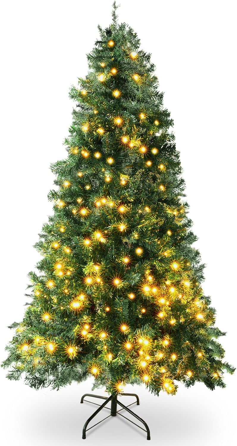 Coselena Green 7Ft Pre-Lit Artificial Christmas Tree – 1,560 Alaskan Pine Tips - Christmas Tree With 600 Vibrant Led Lights, 8 Lighting Modes & Timer - Slim Pvc Xmas Tree For Christmas Decorations