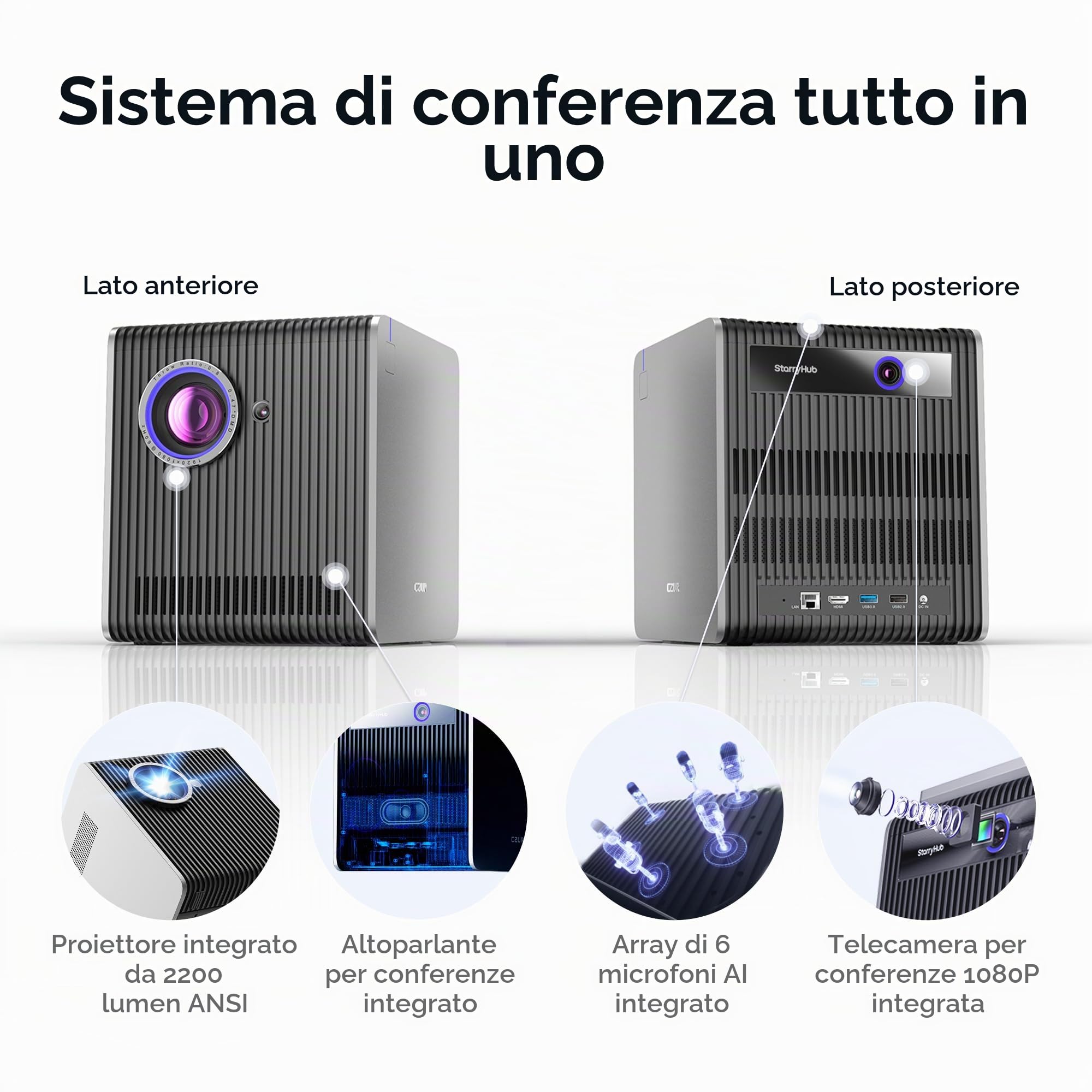 CZUR StarryHub 2200ANSI Proiettore, DLP Videoproiettore 1080P, Sistema Conferenze con 6 AI Microfoni, Videocamera 120°, Altoparlante, Proiezione Wireless, HDMI, per Riunioni, Presentazioni e Formazion
