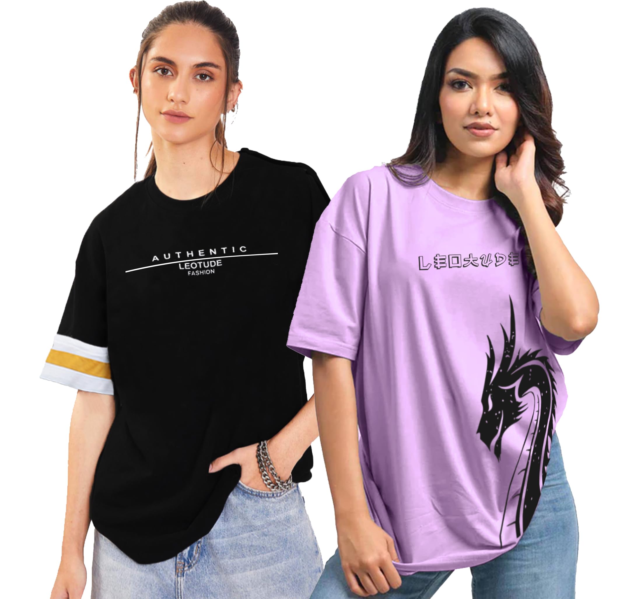 leotude Cottonblend Oversized Half Sleeve Colorful Printed Combo T-Shirts for Women (Pack of 2)-picture-19