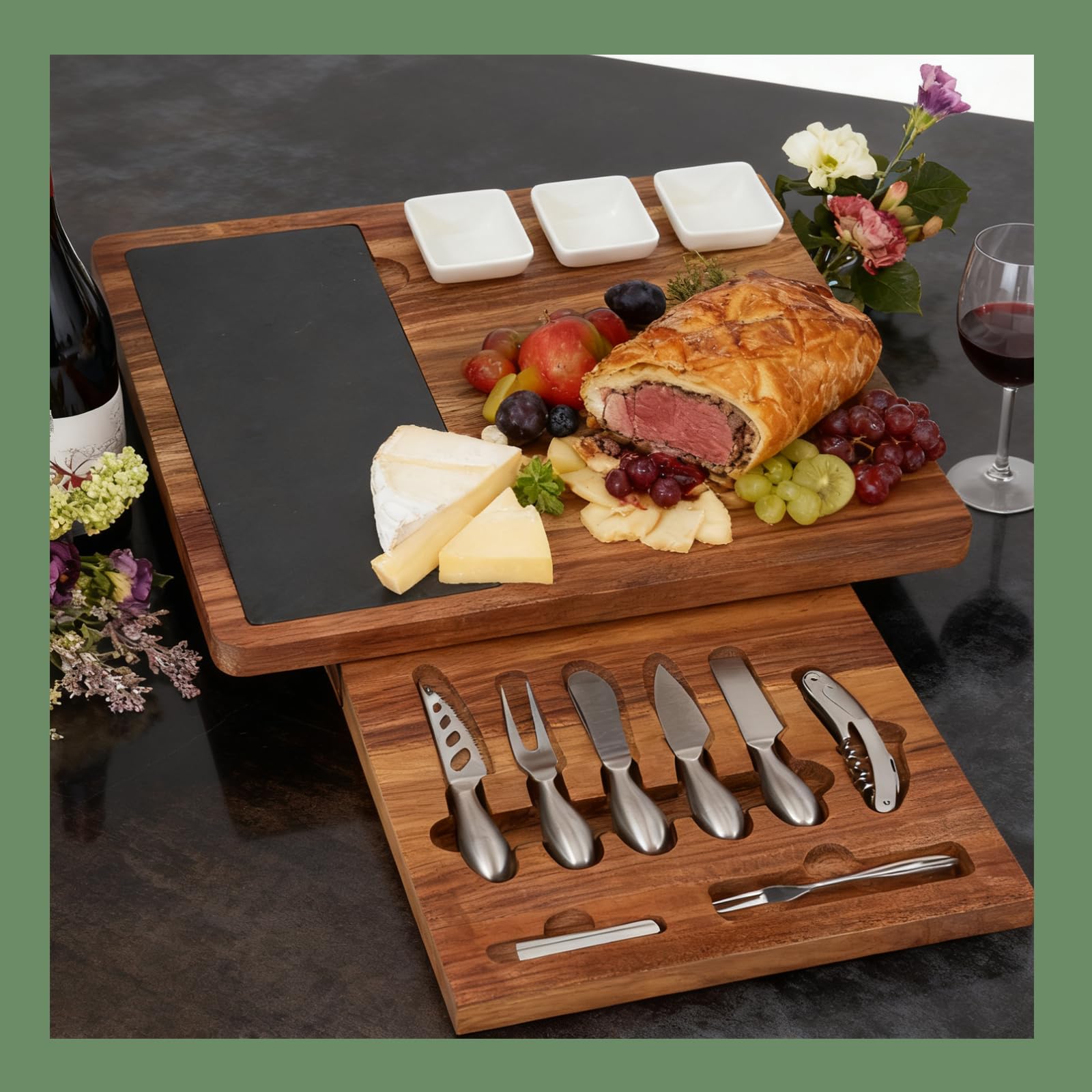Louis Donné Juego de tabla de queso para charcutería, plato para servir queso con juego de cuchillos, bandeja para parejas, regalos de despedida de soltera, boda, inauguración de la casa, aniversario