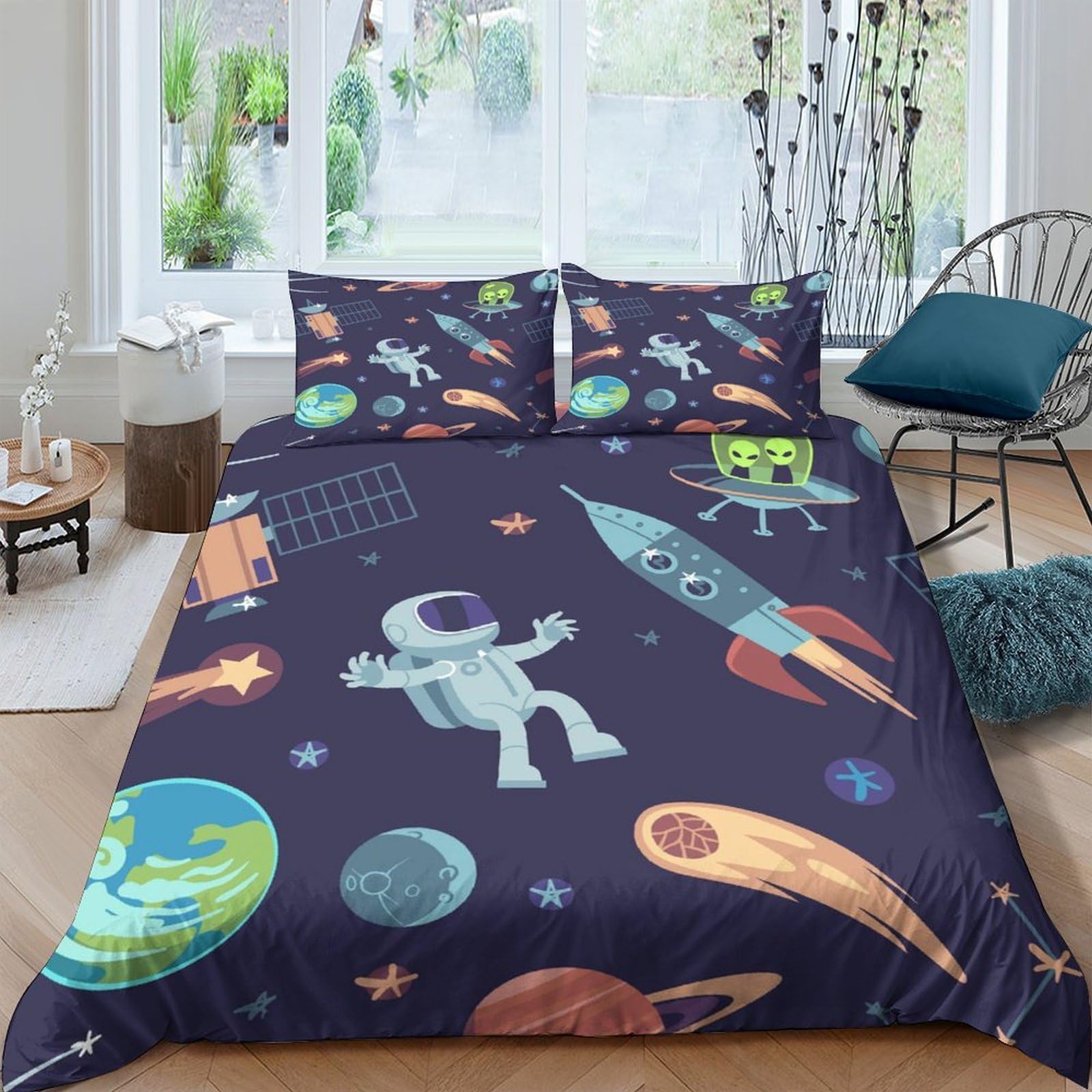 Ctjqhvkz Style-6 3D Printed Galaxy Astronaut Fitted Sheet Microfiber Soft Space Rocket Bed Cover For Bedroom Guestroom Dorm Decor Single（135X200cm）