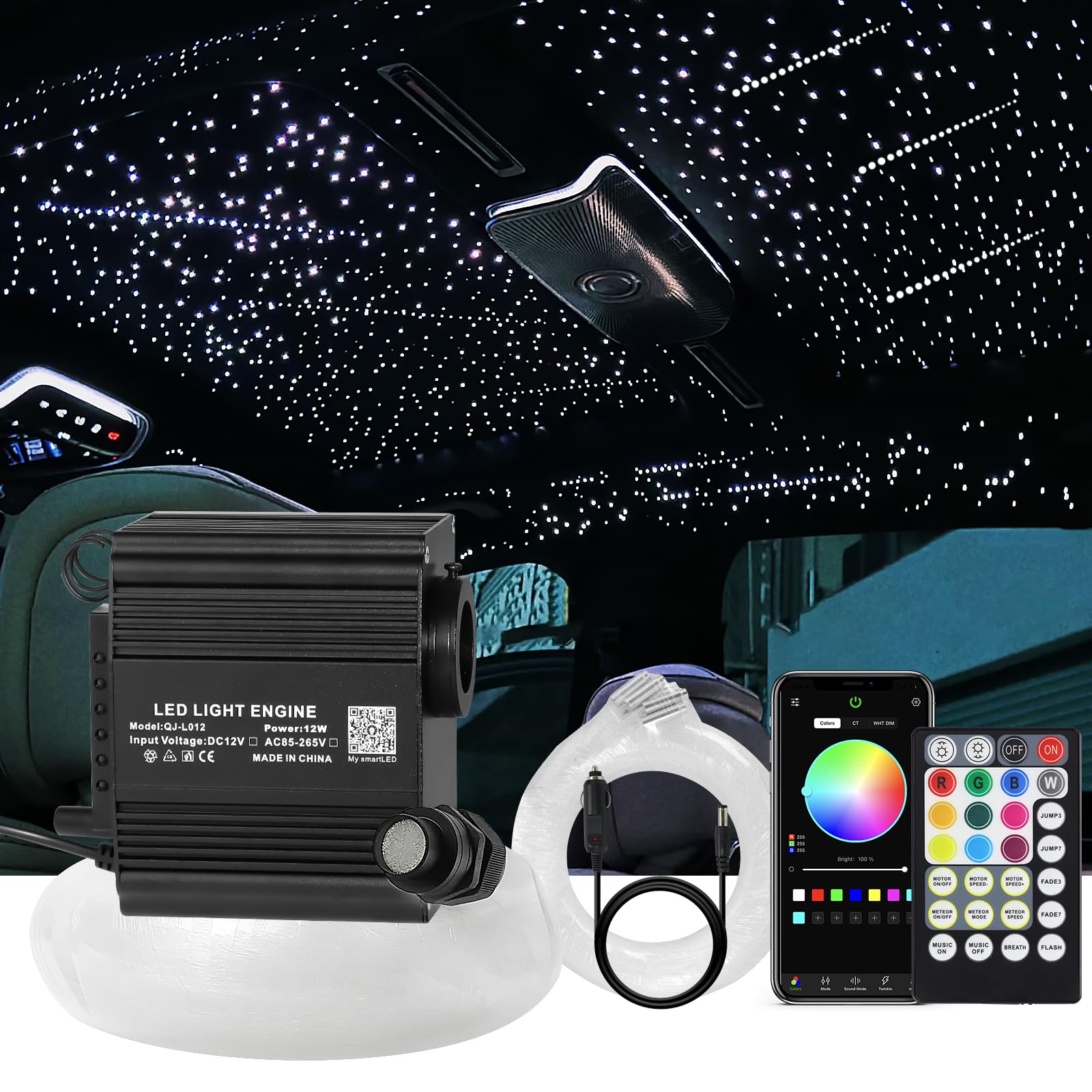 2-in-1 Twinkle & Meteor Fiber Optic Starlight Headliner Kit, 460pcs 0.75mmx4m Fiber Stars + 240pcs Shooting Stars, APP & Remote Control, RGBW Star Lighting for Car/Home Ceiling Sky Decoration
