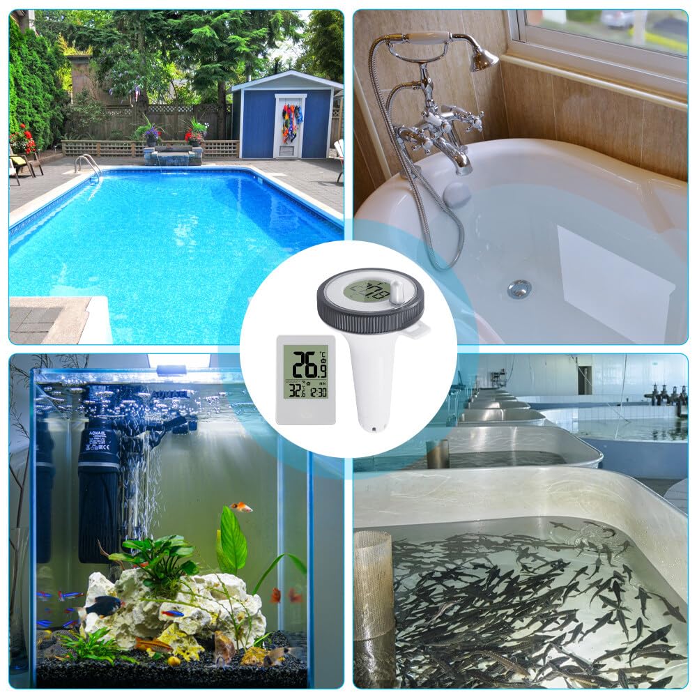 Thermomètre Piscine Connecté, TGKYK Thermomètre Piscine Flottant avec Température Ambiante, Fonction Horloge, Papier PH, Thermometre Piscine Sans Fil, Thermometre Piscine Digital pour Piscine