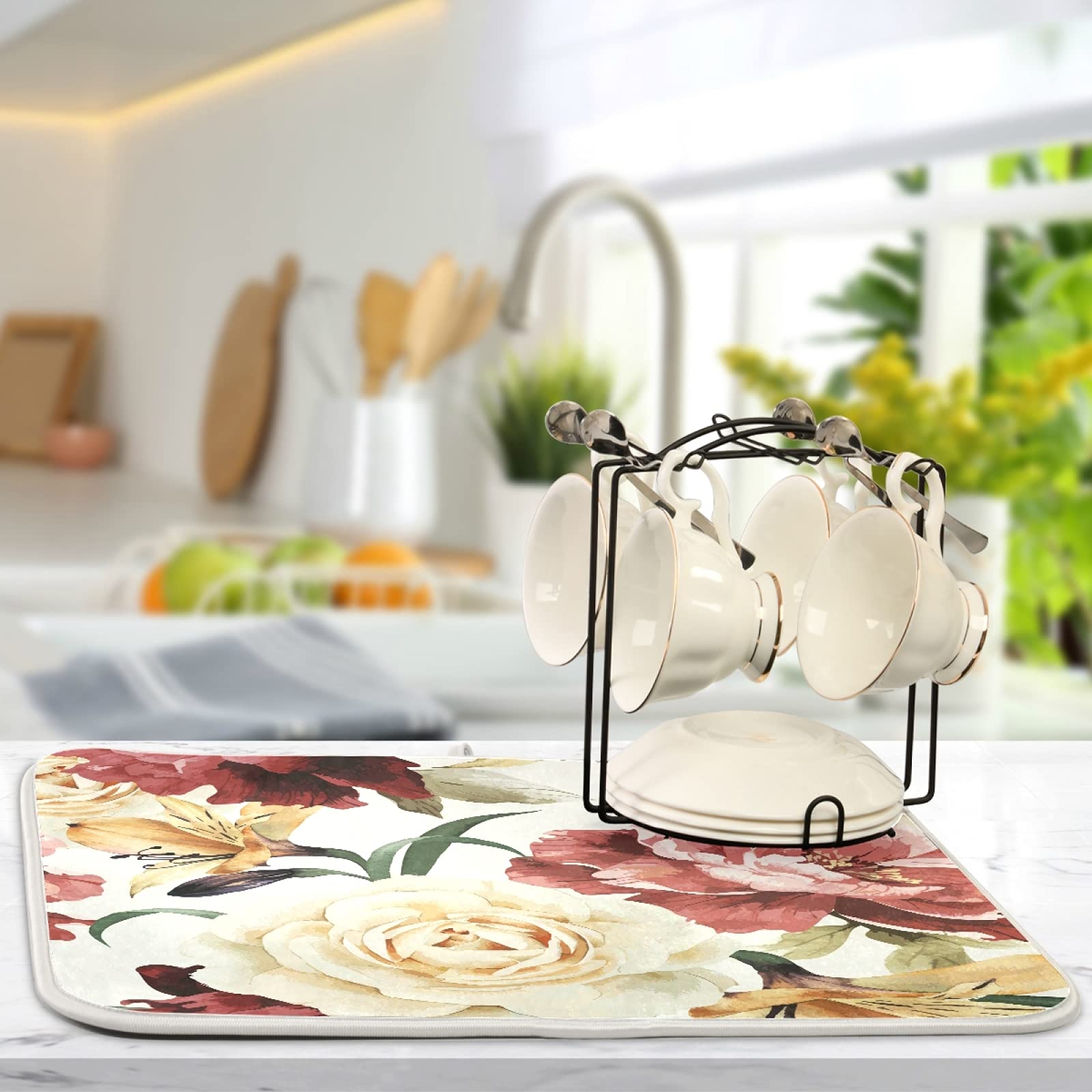 Welcom - Alfombrilla De Secado De Platos Con Diseño De Corazones Y Rosas Para Encimera De Cocina Welcom - Alfombrilla De Secado De Platos Con Diseño De Corazones Y Rosas Para Encimera De Cocina