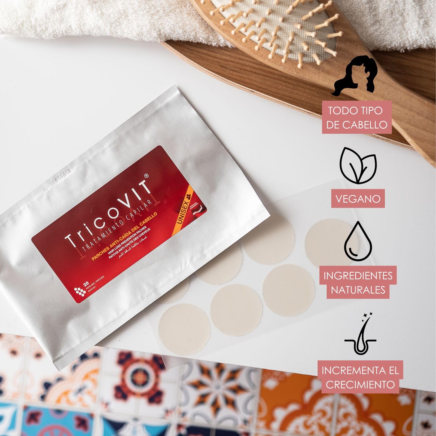 TricoVIT | Parches Anticaída Cabello Mujer, Frena la Caída en 28 días - Ingredientes Vegetales, Aumenta la Densidad y la Fuerza de tu Cabello, Apto para Hombre y Mujer (28 Parches)