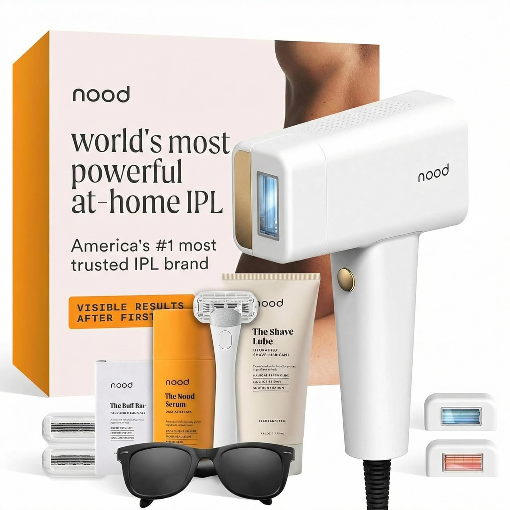 Nood™ NEW Flasher Pro Kit — IPL Laser Hair Removal Device for Women & Men + Refillable 5-Blade Shaving Razor Kit + Exfoliating Buff Bar + Hydrating Shave Lube + After Shave Serum — Gloss White