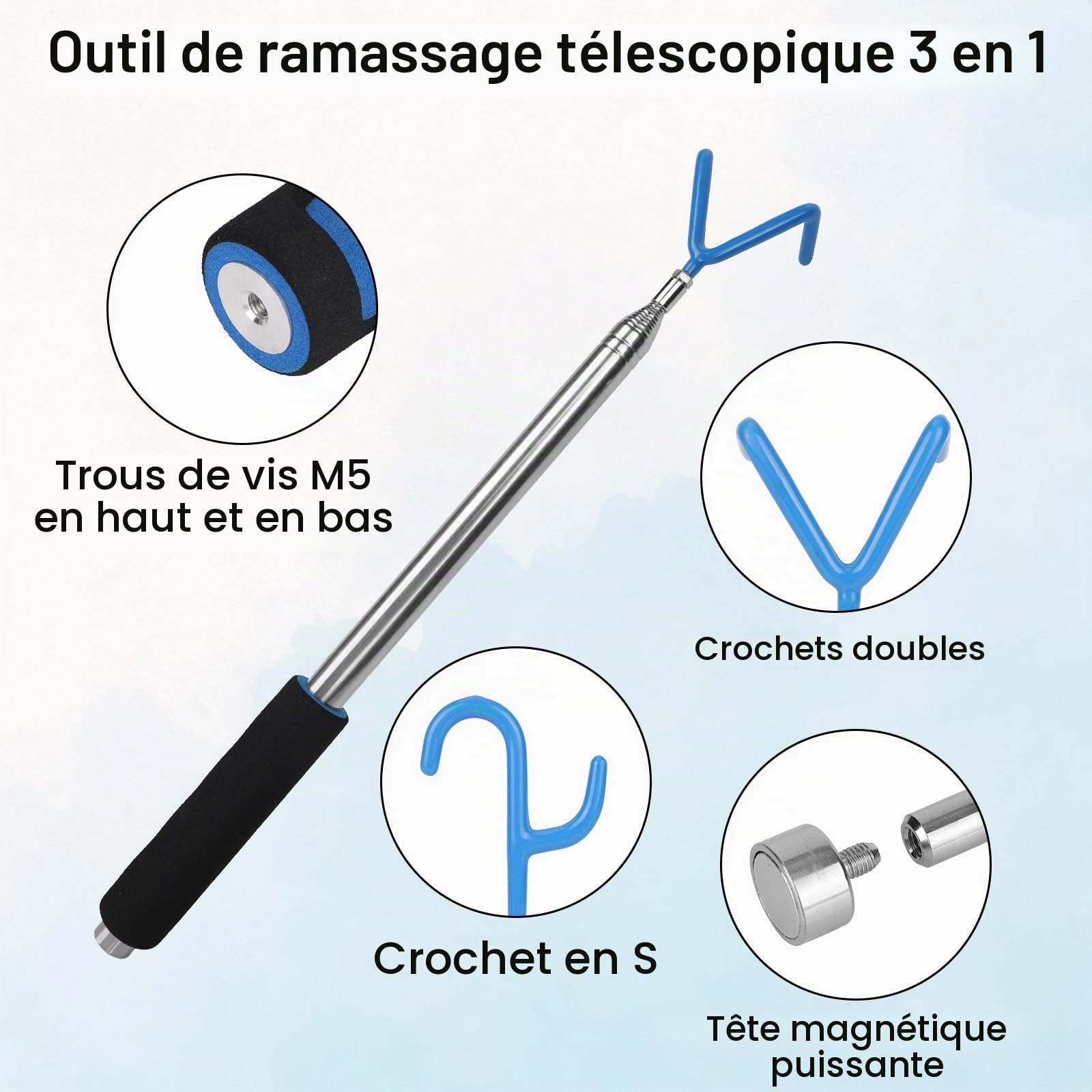 Outil Télescopique Préhensible Barre Magnétique avec 2 Crochets Aimant, 300cm Perche Extensible Pousser Tirer Préhenseur Fils Récupérateur Disque Golf Zones Difficiles D'accès