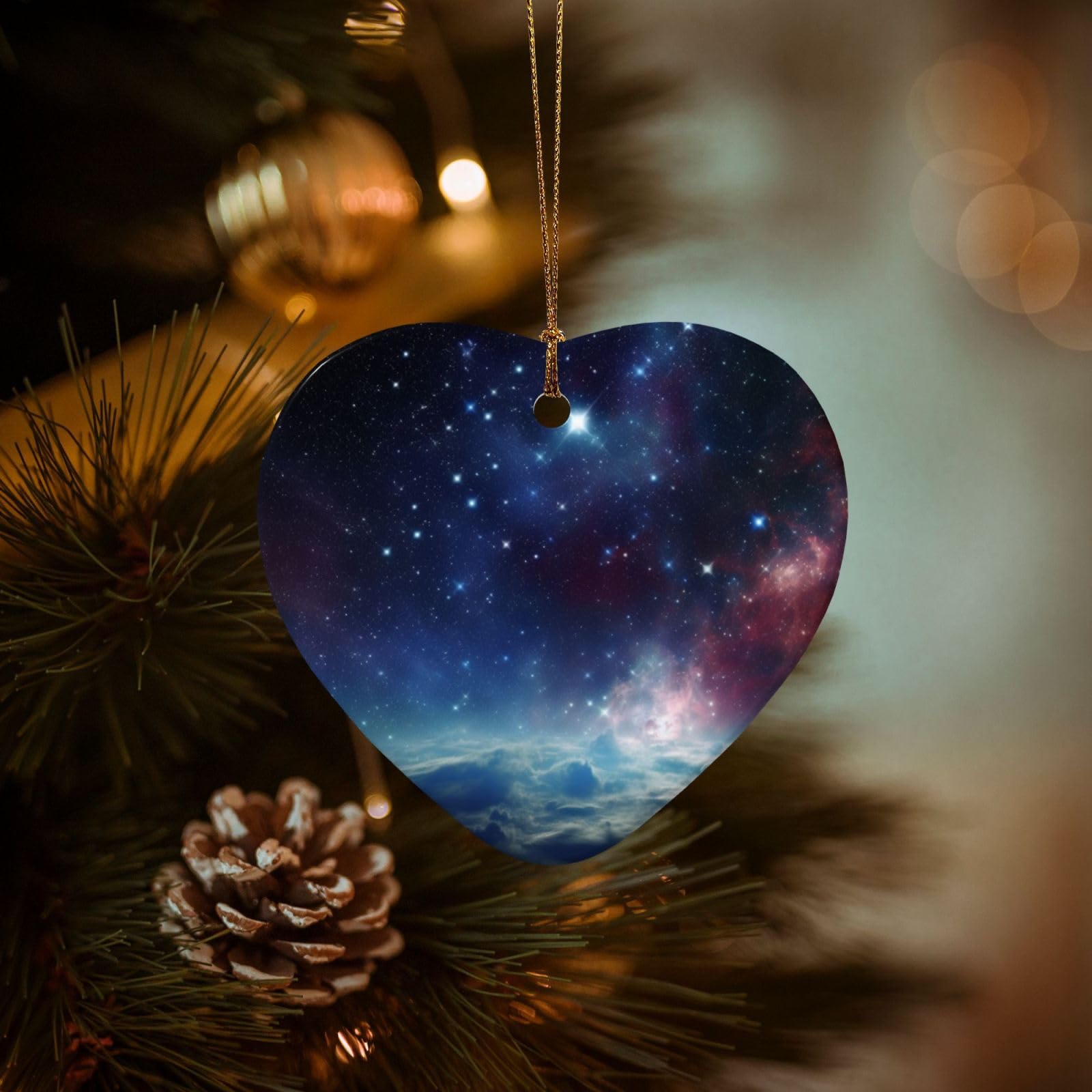 Christmas Tree Ornaments Ceramics Christmas Decorations Night Sky Outer Space Ornaments with Gold Ribbon Porcelain Xmas Tree Crafts Heart Shape Hanging Pendant for Christmas Tree Party Decor