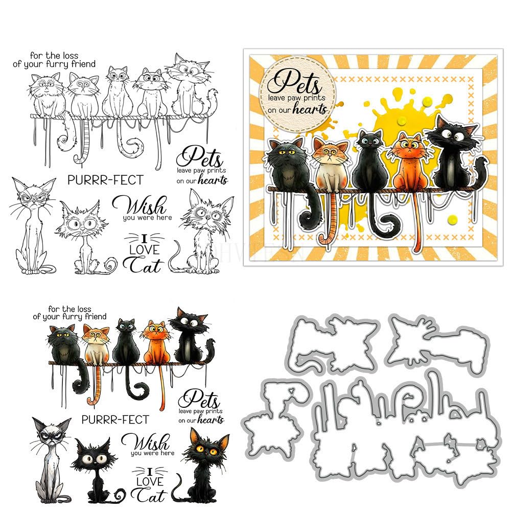 Cat Stamps and Die Cuts for Card Making Animal Transparent Silicone Clear Stamp and Metal Cutting Dies Sets for DIY Scrapbooking Paper Crafting Seals Decorative Supplies