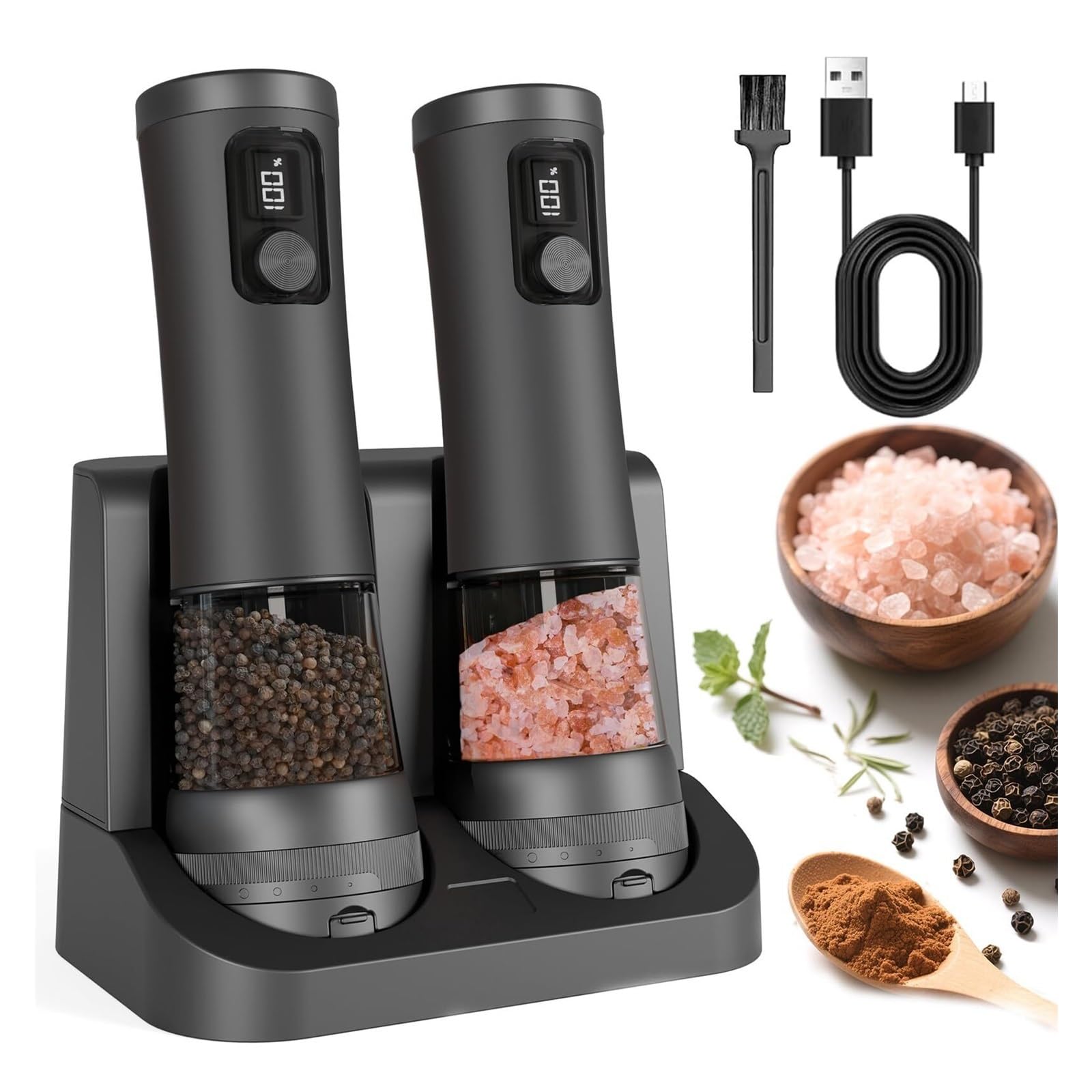 Set macina sale e pepe elettrico ricaricabile, 5 livelli di grossolanità regolabili, controllo a 2 velocità, display batteria, grande capacità 100 ml for la cucina domestica