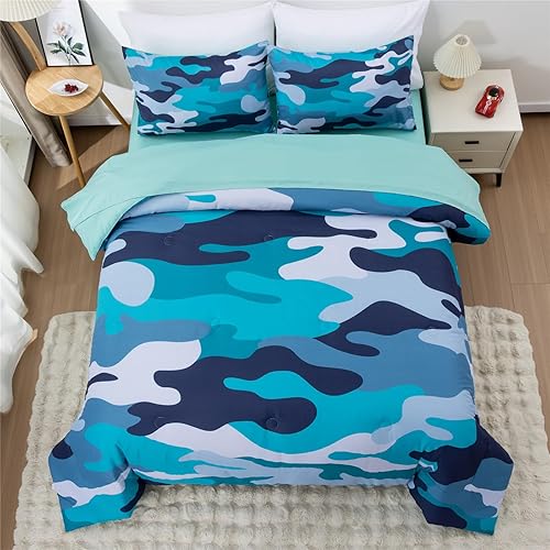 Miniatura 2 de Meeting Story Juego de ropa de cama de camuflaje, juego de edredón de camuflaje tamaño Queen con patrón colorido, 3 piezas, 1 edredón y 2 fundas de