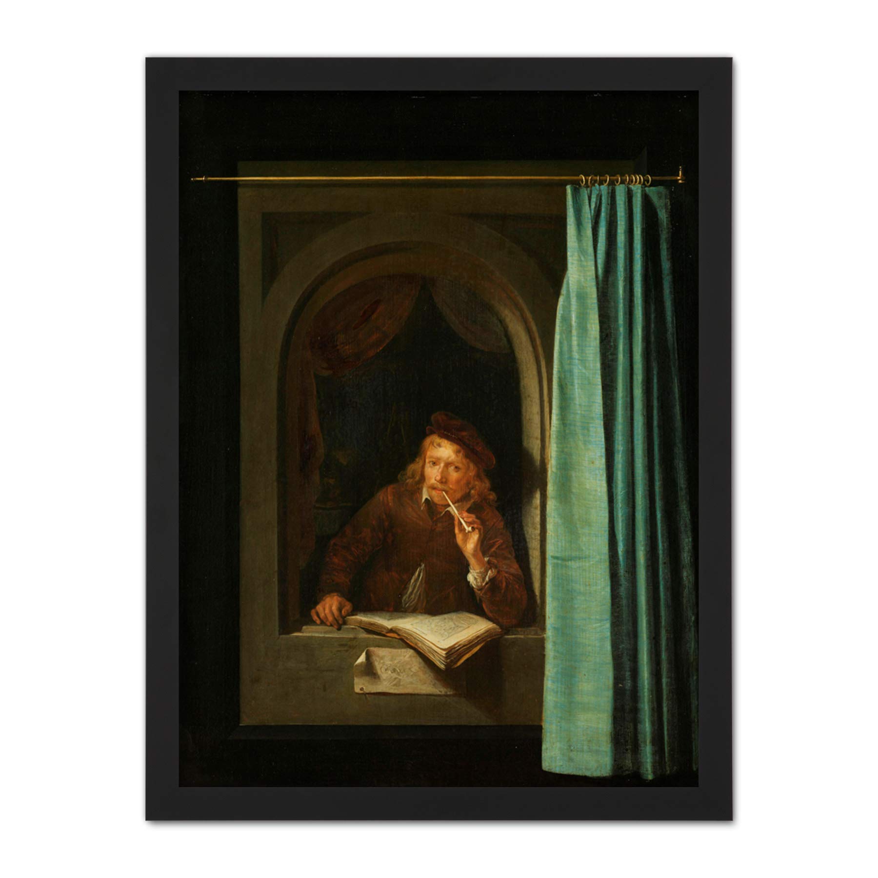Artery8 Gerard Dou Man Smoking A Pipe Painting Artwork Framed Wall Art Print 18X24 Inch