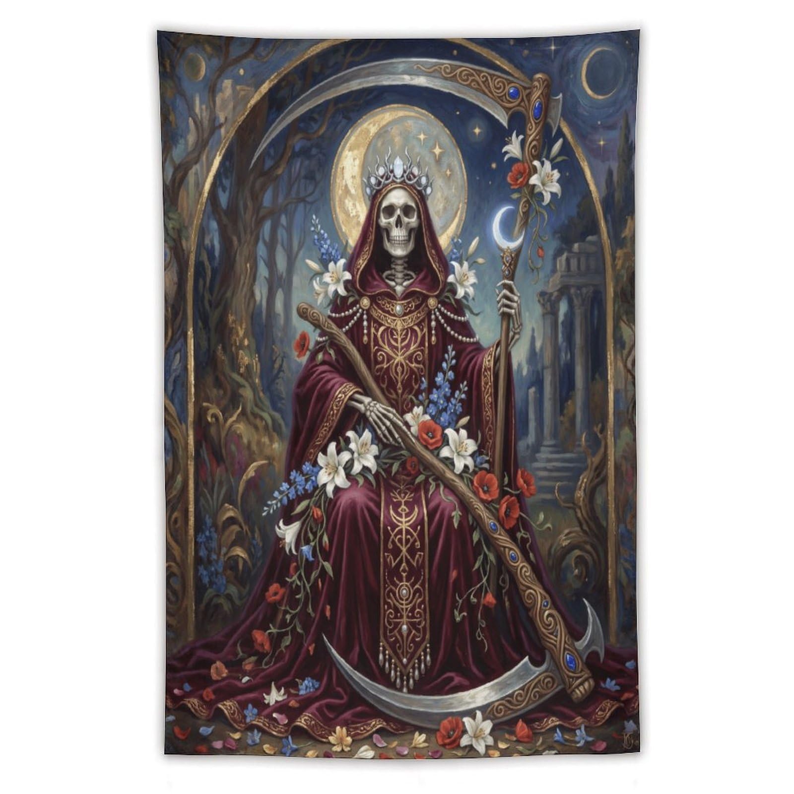 W7C8U2X3 Floral Grim Reaper Wall Tapestry, Gothic Oil, College Dorm