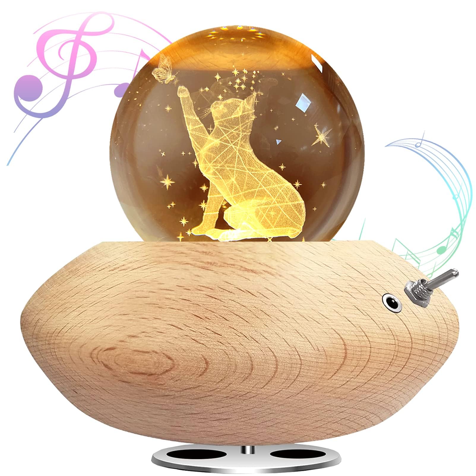 3D Kristallkugel Spieluhr,Katzen Nachtlicht Spieluhr mit Warmem-Projektionsleuchte Holzsockel Rotierende K9 Spieluhren für Weihnachten Geburtstags