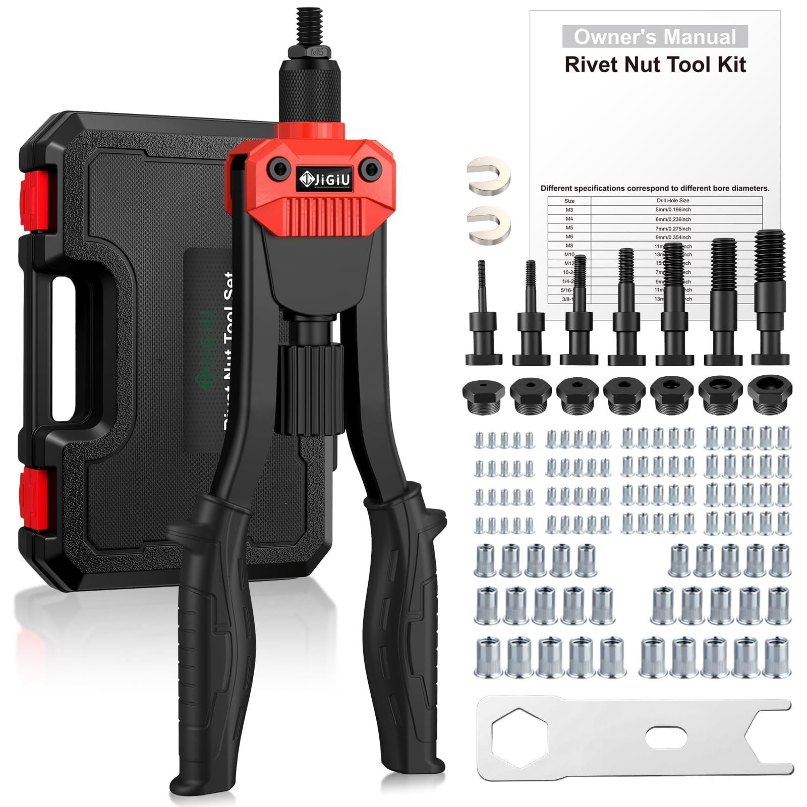 JiGiU Chiave per Inserti Filettati, 13 Pollici, Rossa, Kit 110 Pezzi Design Rivoluzionario a Inserimento Rapido - 7 Mandrini (M3-M12) e Valigetta Portatile - Perfetta per Fai-da-Te