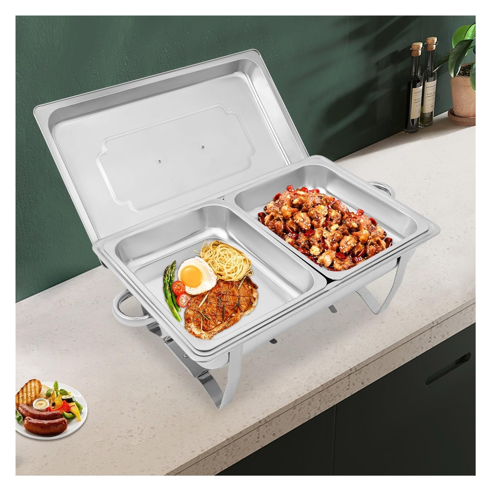 Juego De 2 Sartenes For Buffet, Servidor Catering Acero Inoxidable, Calentador Alimentos For, Bodas, Eventos, Banquetes Calor Duradero