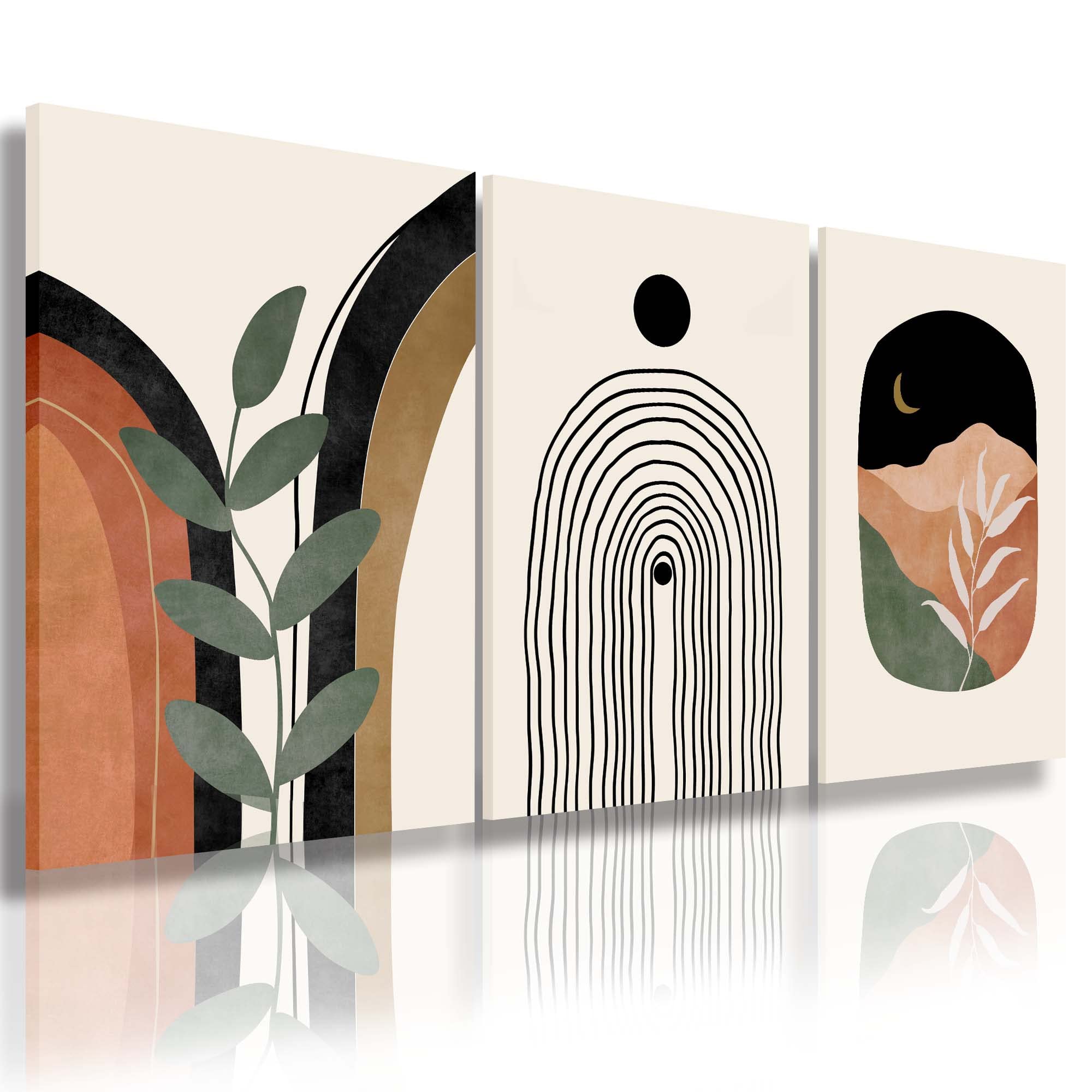Boho Wall Art Prints Set of 3, Boho Wall Decor, Mid Century Modern Prints Sun Moon Leaf Mountain Canvas Wall Painting, Neutral Abstract Geometric Prints Canvas Artwork Prints for Bedroom Bathroom