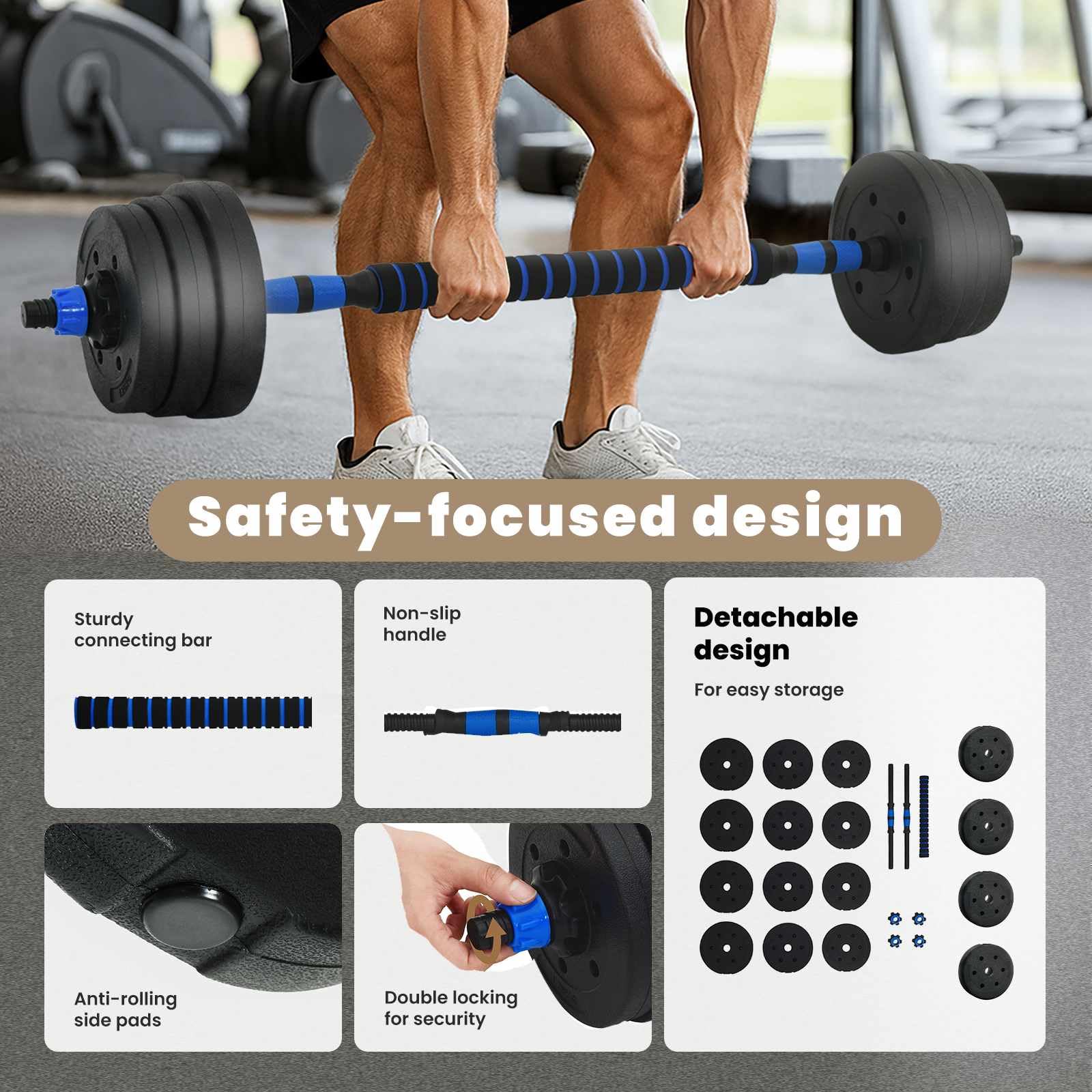 vidaXL Set Manubri e Bilanciere 2-in-1 20 kg Nero e Blu, Attrezzatura da casa, manubri Regolabili, Pesi per Allenamento, Fitness Indoor, Strumenti e Attrezzi salvaspazio