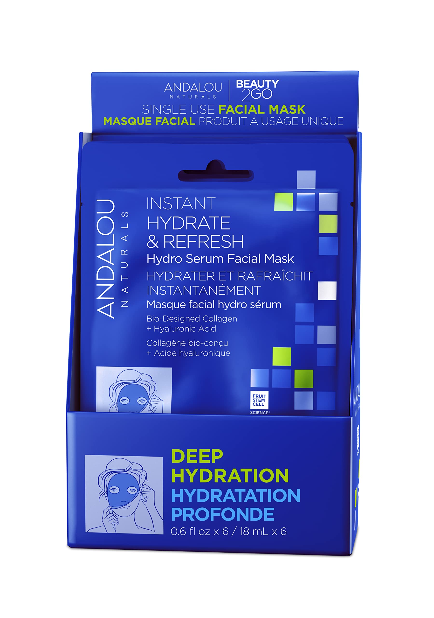 ANDALOU NATURALS, Deep Hydration, Instant Hydrate & Refresh Sheet Mask, Single Face Mask, 0.6 oz each, 6 Count (Pack of 1)