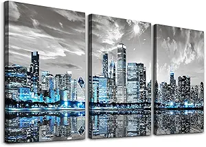 SERIMINO Chicago Skyline Wall Art for Living Room, Modern City Pictures Canvas Wall Decor for Office Bedroom 3 Pieces Set Night Scene Prints Paintings for Home 12"X16"