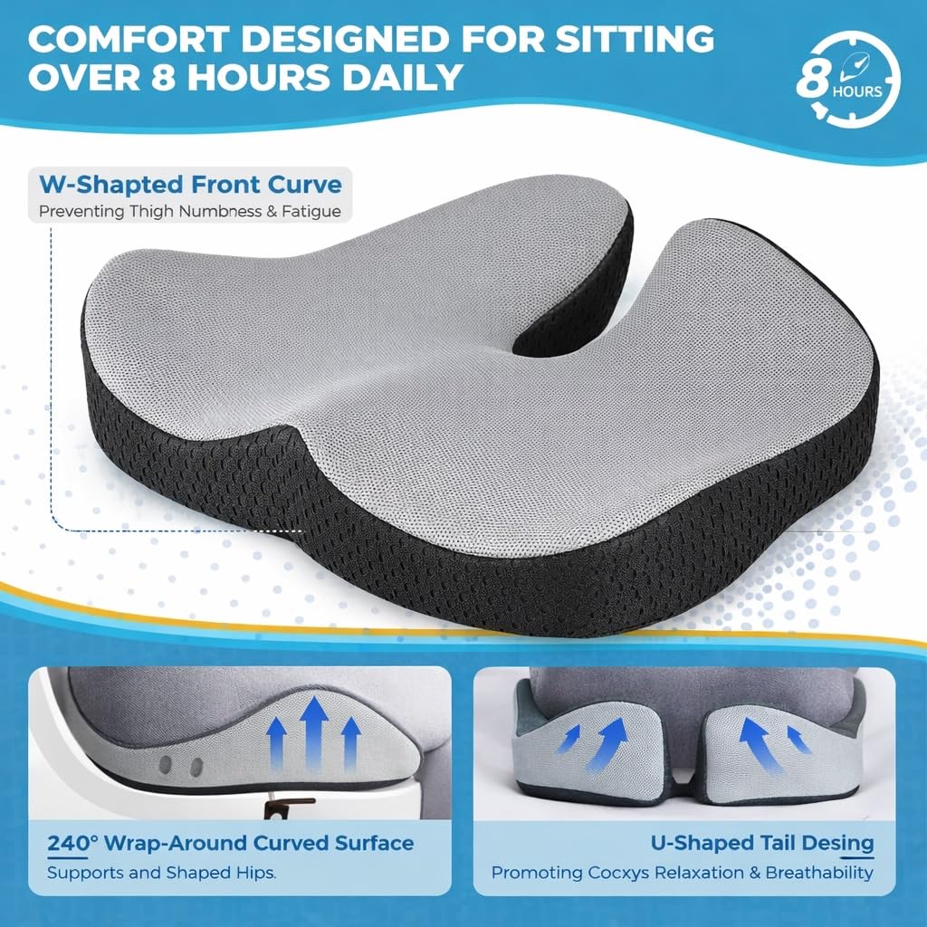 Grin Health Coccyx Pro Large Thick Seat Cushion – Comfort Seating Memory Foam for Tailbone & Back Pain Relief, Orthopedic Chair Cushion for Office, Car, Home & Wheelchair Sitting (Grey) - Image 3 thumbnail