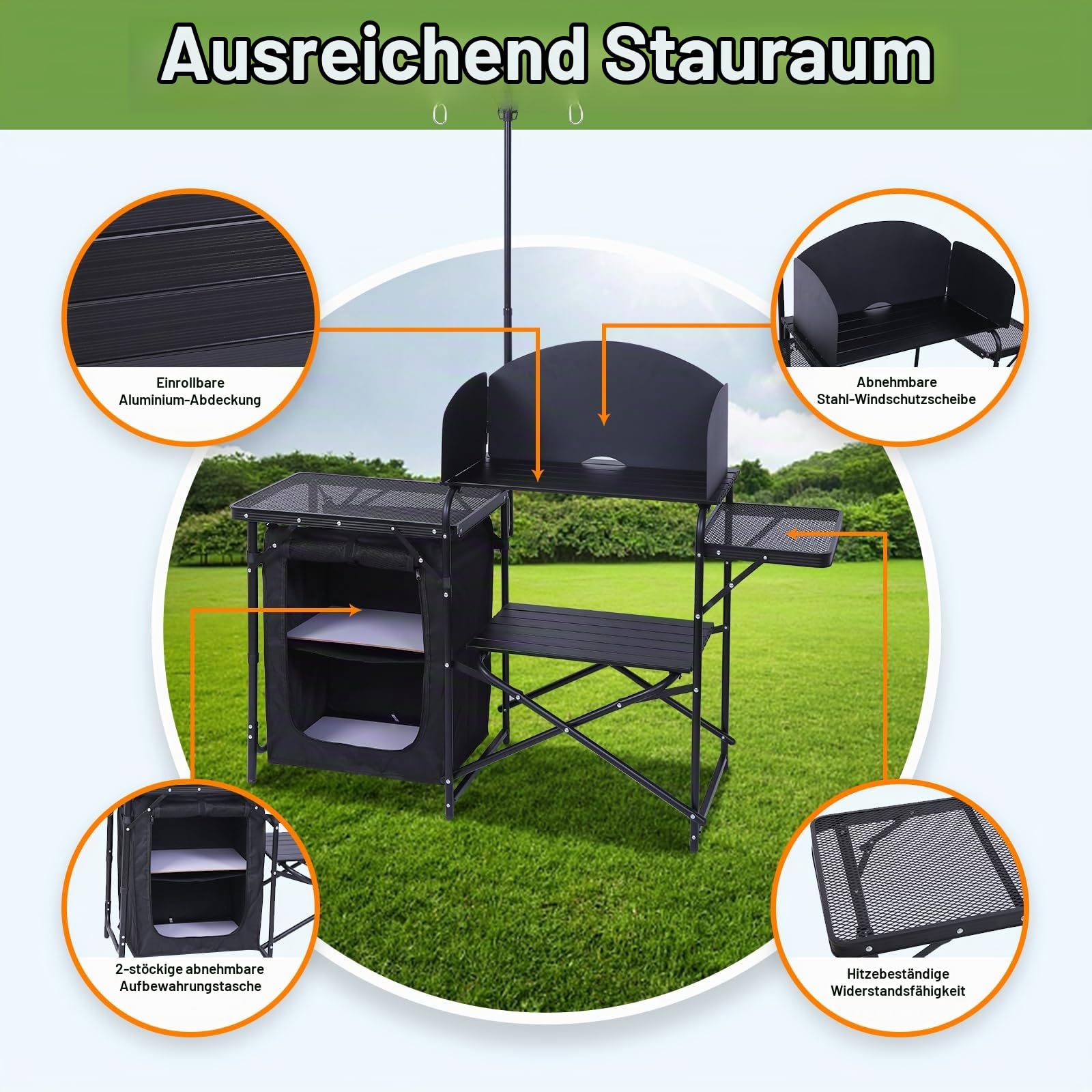 Nice C Camping-Küchenstation, klappbarer Campingtisch, Grilltisch mit Windschutz, Lampenhalter, Organizer und Tragetasche, Schwarz