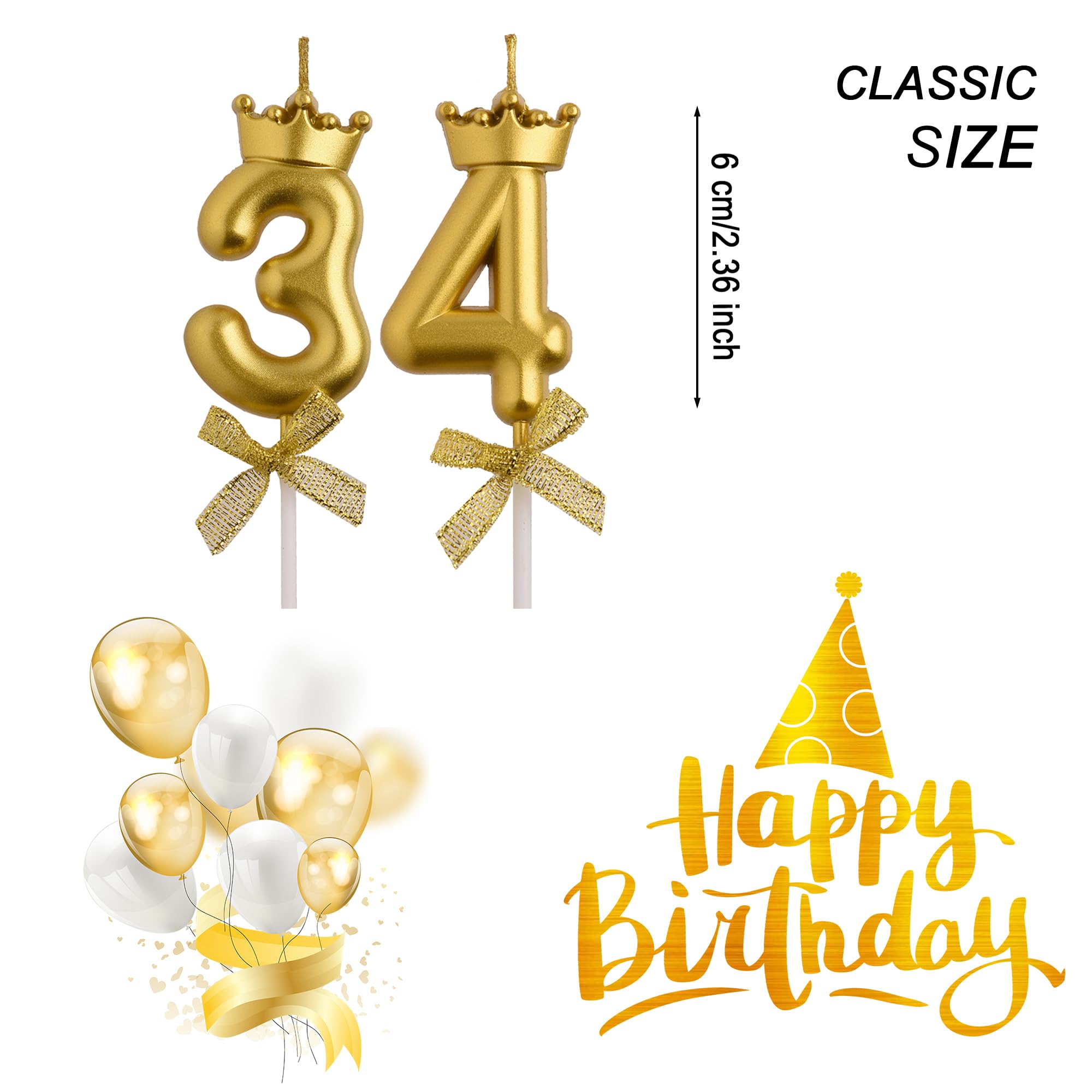 34 Geburtstagskerzen, rauchfrei, Gold, 43 Kuchenkerzen