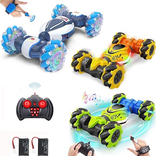 Dysaim Auto de acrobacias RC con detección de gestos, auto RC de 3 gestos, 2.4 GHz, 4WD, control remoto con luces de música, todoterreno con
