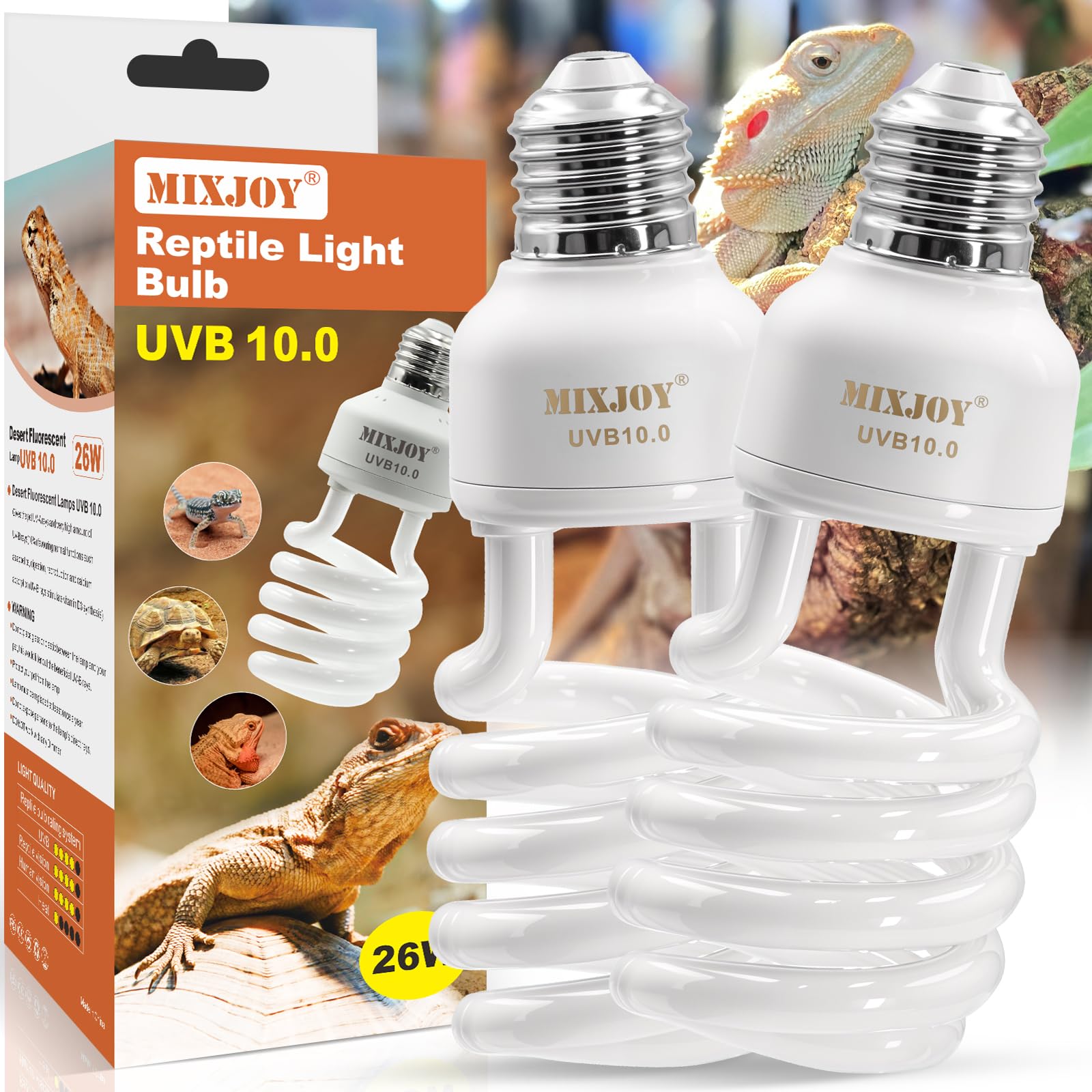 MIXJOY 26W UVB Light for Reptiles 2Pack, 10.0 UVA UVB Reptile Light Bulb, Reptile UVB Bulbs for Reptiles, Bearded Dragon, Tortoise, and Other Lizards